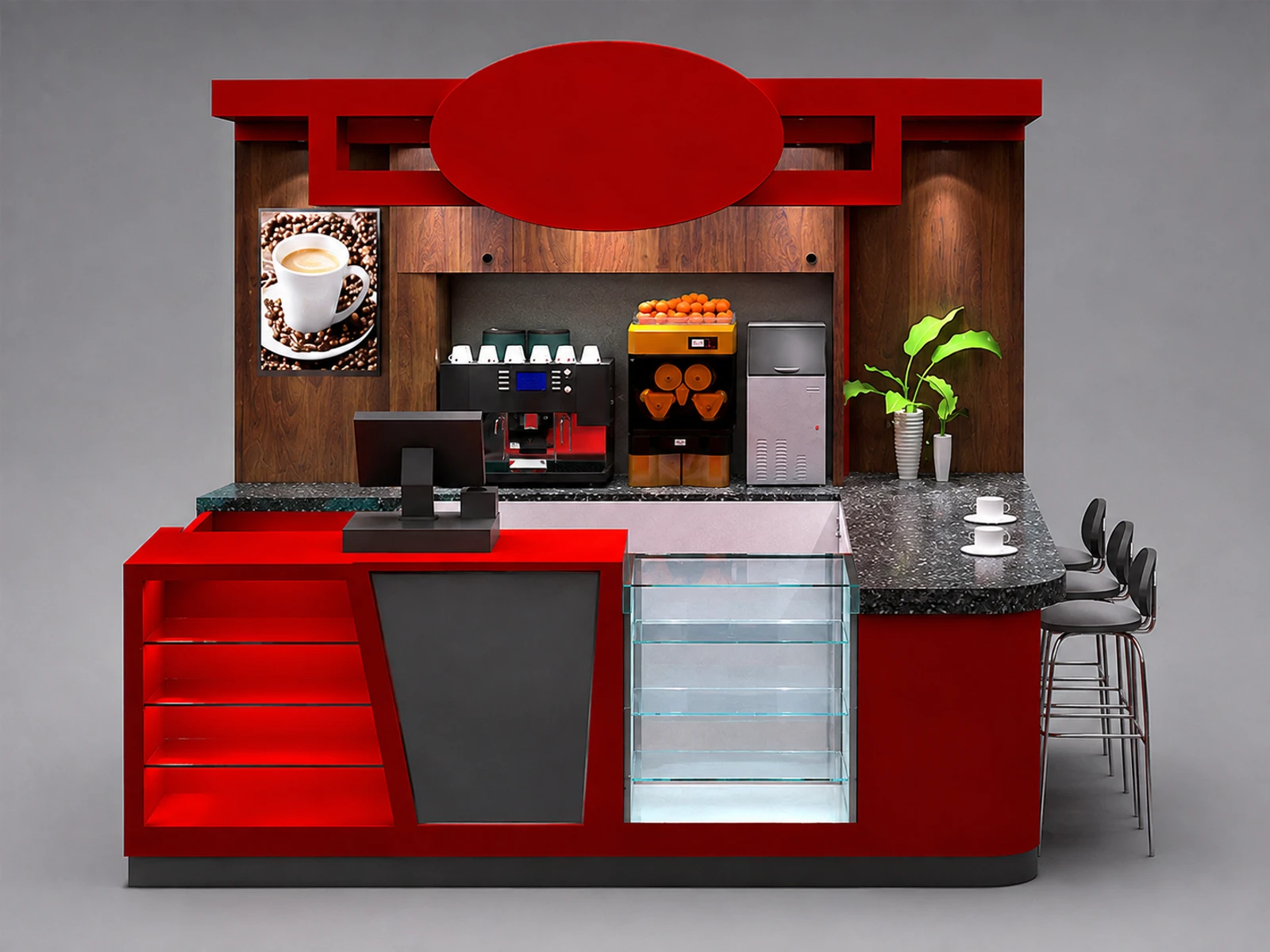 Red coffee bar kiosk used in mall bubble tea kiosk for sales — additional service-side perspective
