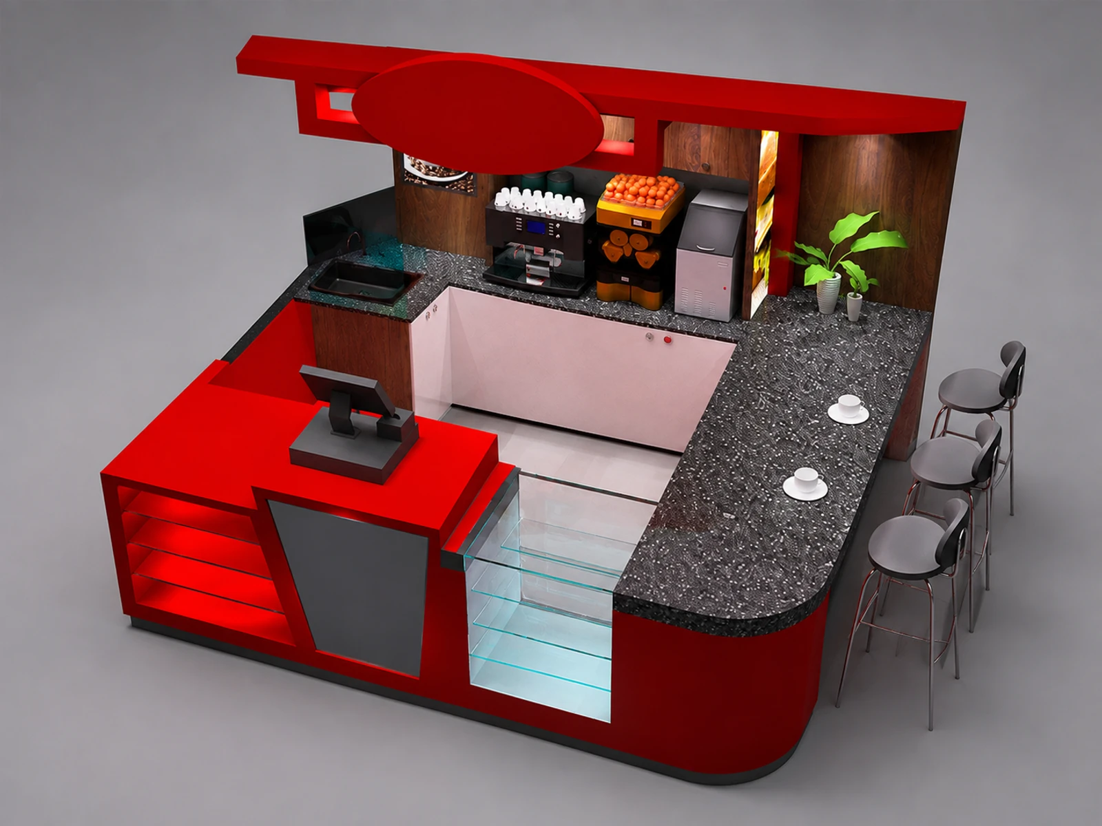 Red coffee bar kiosk used in mall bubble tea kiosk for sales — elevated layout view