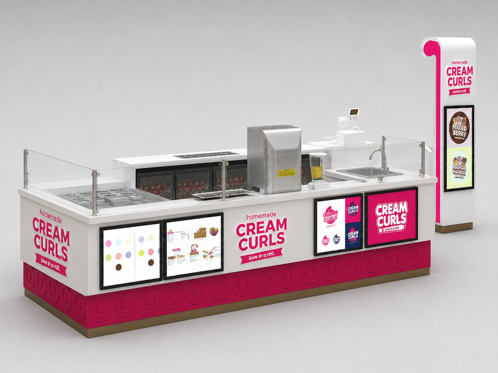 Red Roll Up Ice Cream Kiosk Booth Portable Frozen Food Stand in Mall for Sale — alternate counter perspective