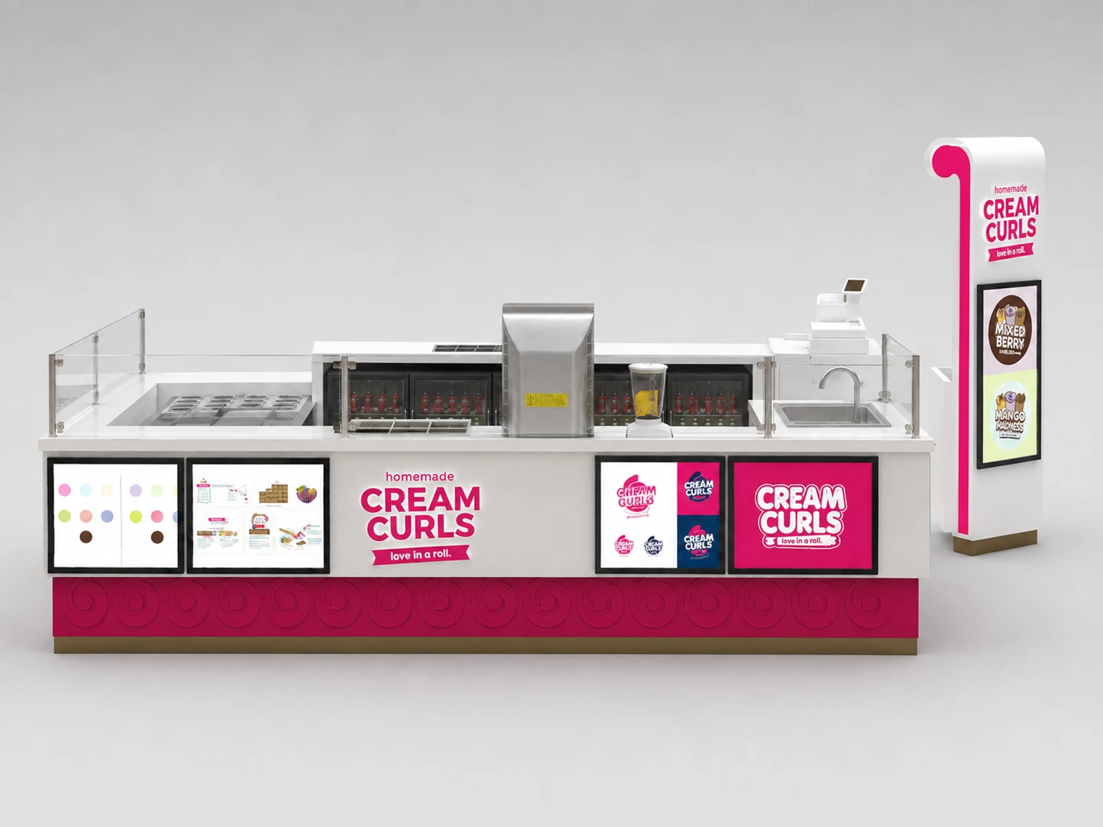Red Roll Up Ice Cream Kiosk Booth Portable Frozen Food Stand in Mall for Sale — additional service-side perspective