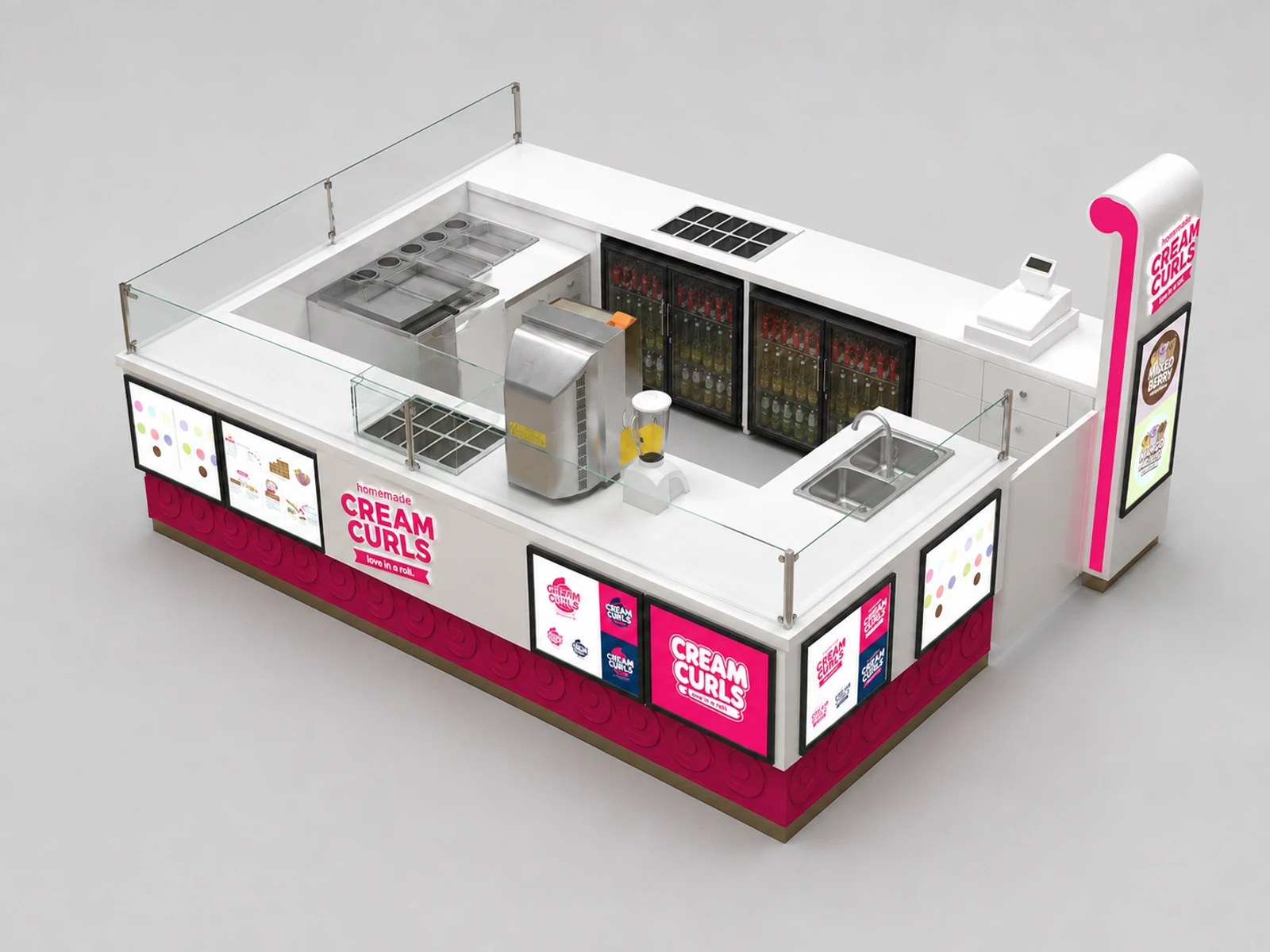 Red Roll Up Ice Cream Kiosk Booth Portable Frozen Food Stand in Mall for Sale — elevated layout view
