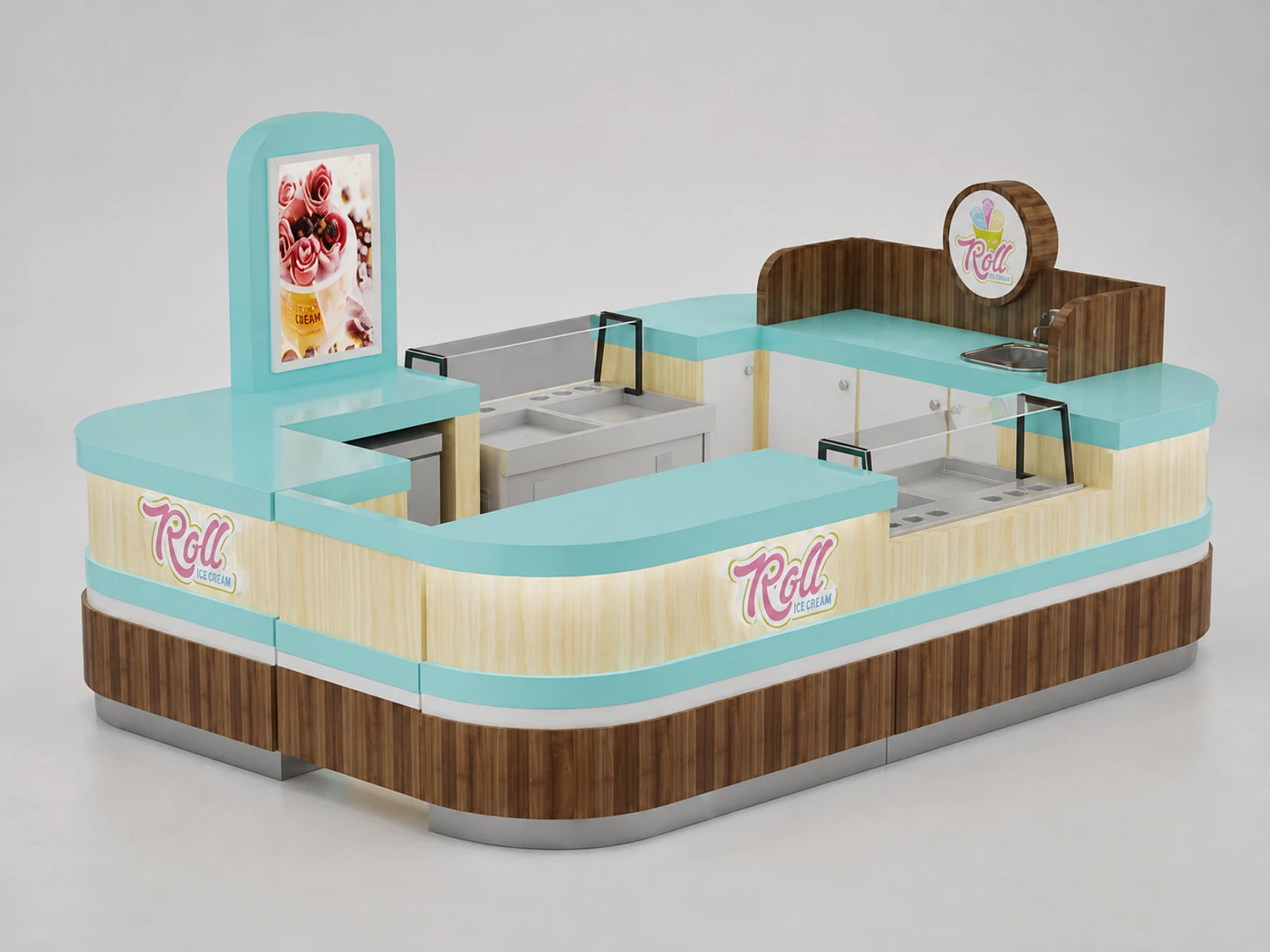 Roll ice Cream Kiosk & Frozen Yogurt Display Counter for Food Booth with Factory Price — overall kiosk design