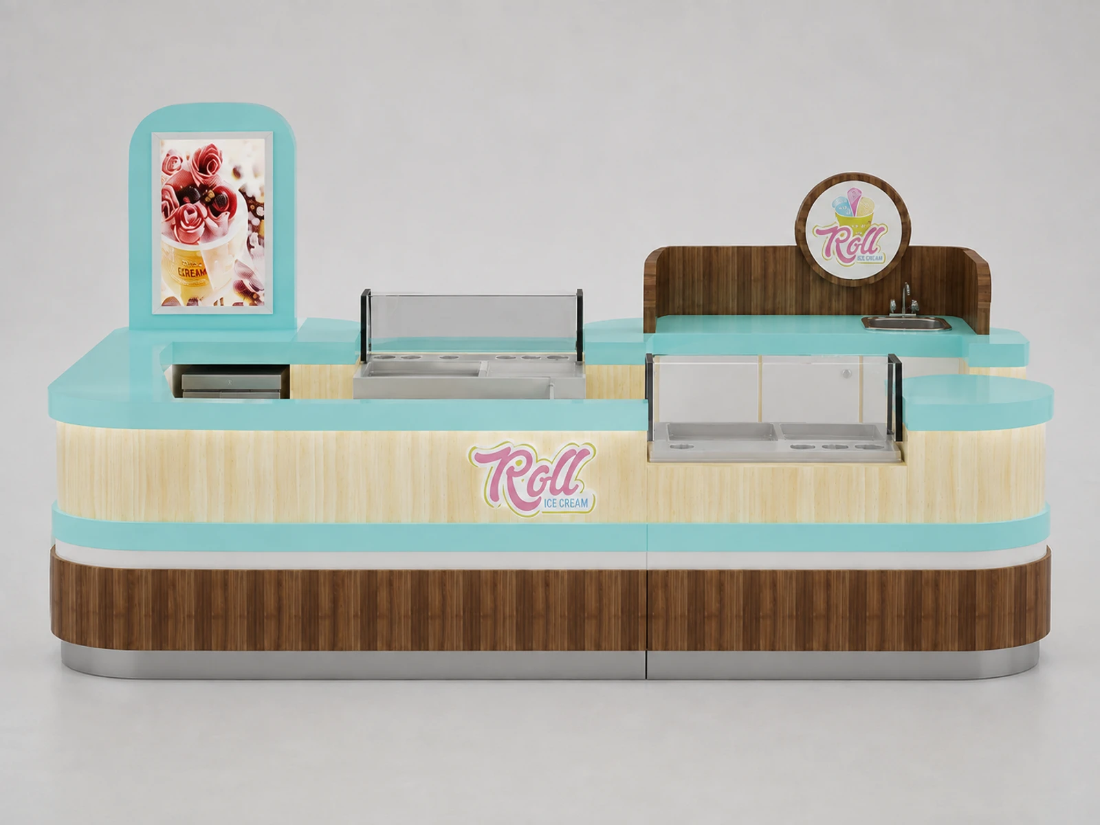 Roll ice Cream Kiosk & Frozen Yogurt Display Counter for Food Booth with Factory Price — additional service-side perspective