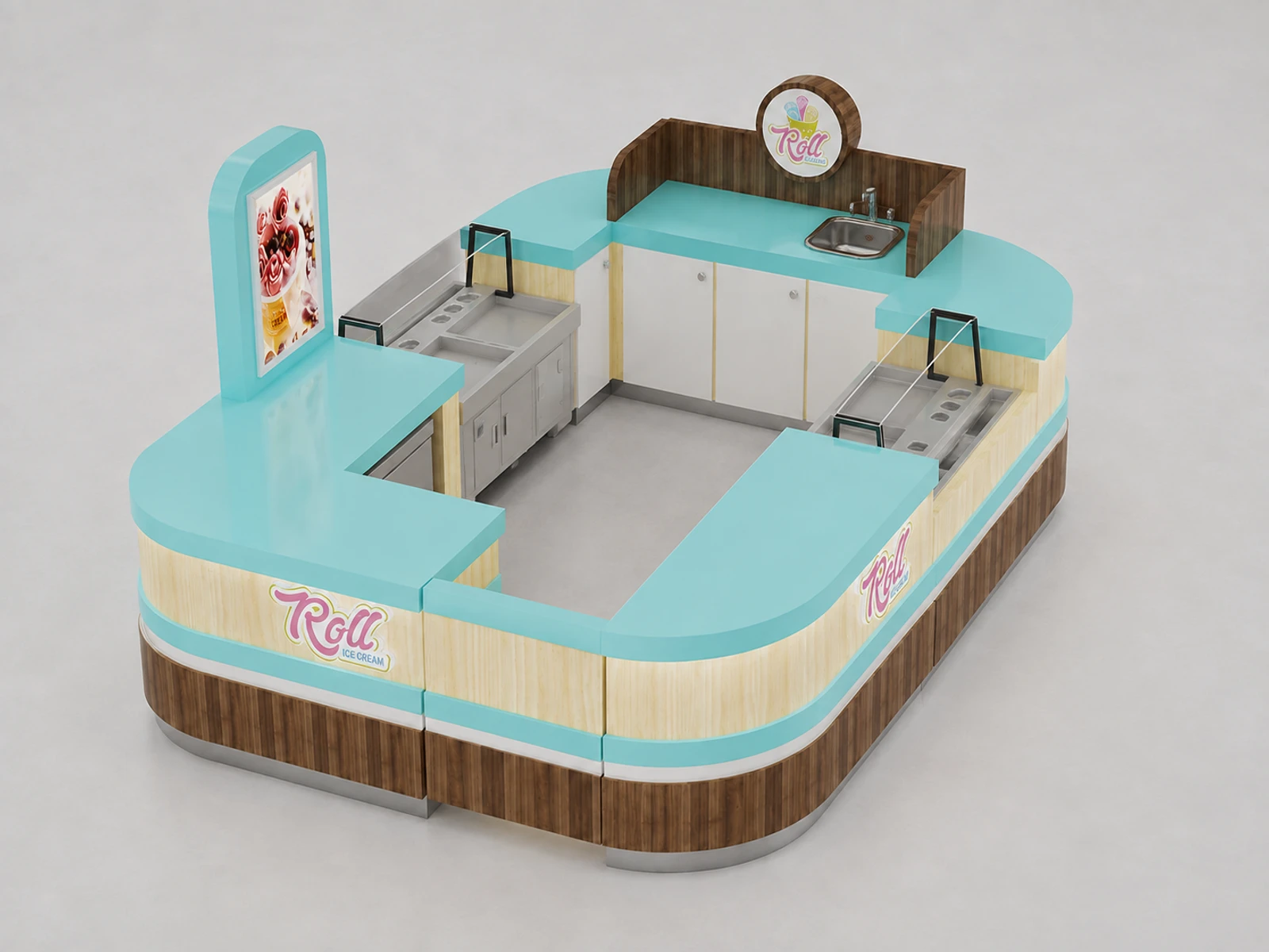 Roll ice Cream Kiosk & Frozen Yogurt Display Counter for Food Booth with Factory Price — elevated layout view
