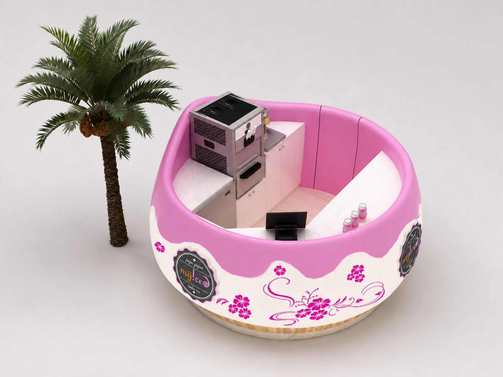 Round Organic Design Ice Cream Kiosk In Mall Yogurt Kiosk Shop For Sale — elevated layout view
