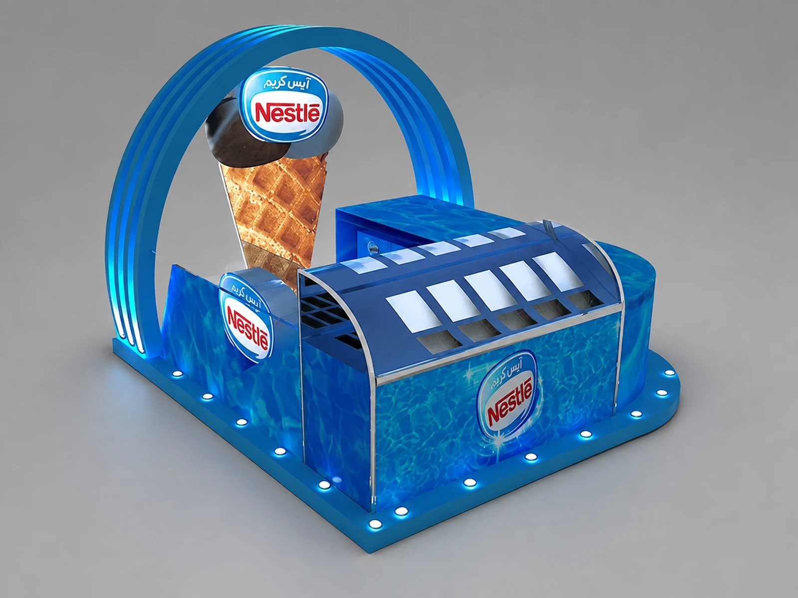 Simple 3D Design Ice Cream Bar Counter & Ice Cream Kiosk in the Mall for Sale — overall kiosk design