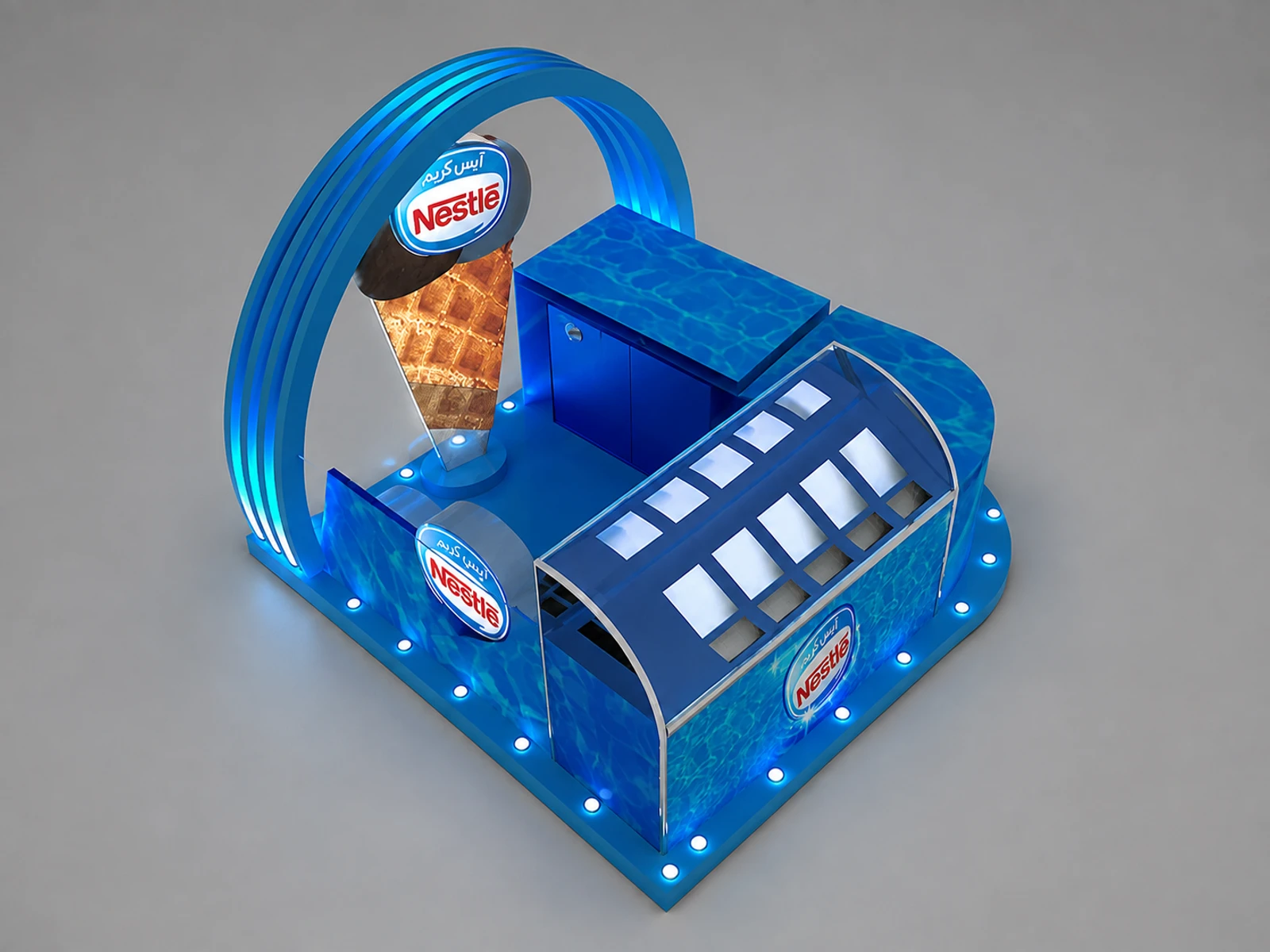 Simple 3D Design Ice Cream Bar Counter & Ice Cream Kiosk in the Mall for Sale — elevated layout view