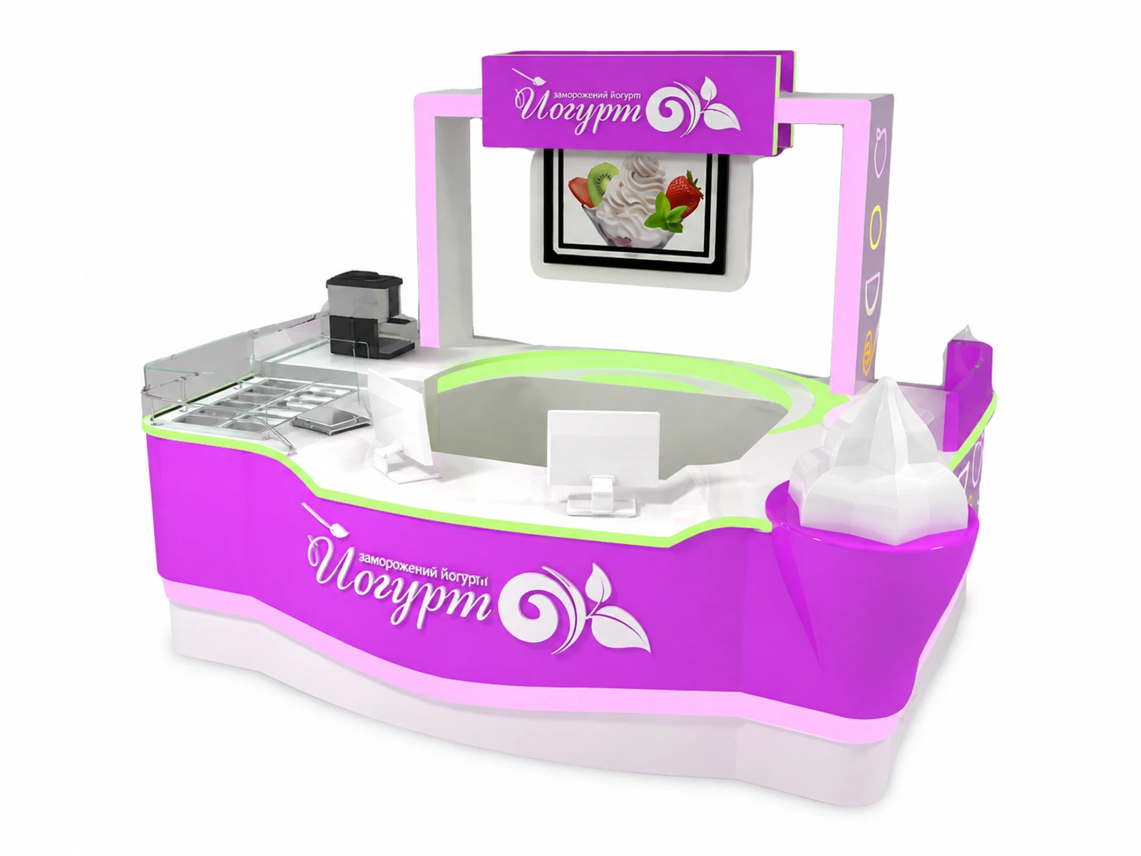 Small colorful ice cream kiosk shopping mall Fried frozen yogurt stall display for sale — overall kiosk design