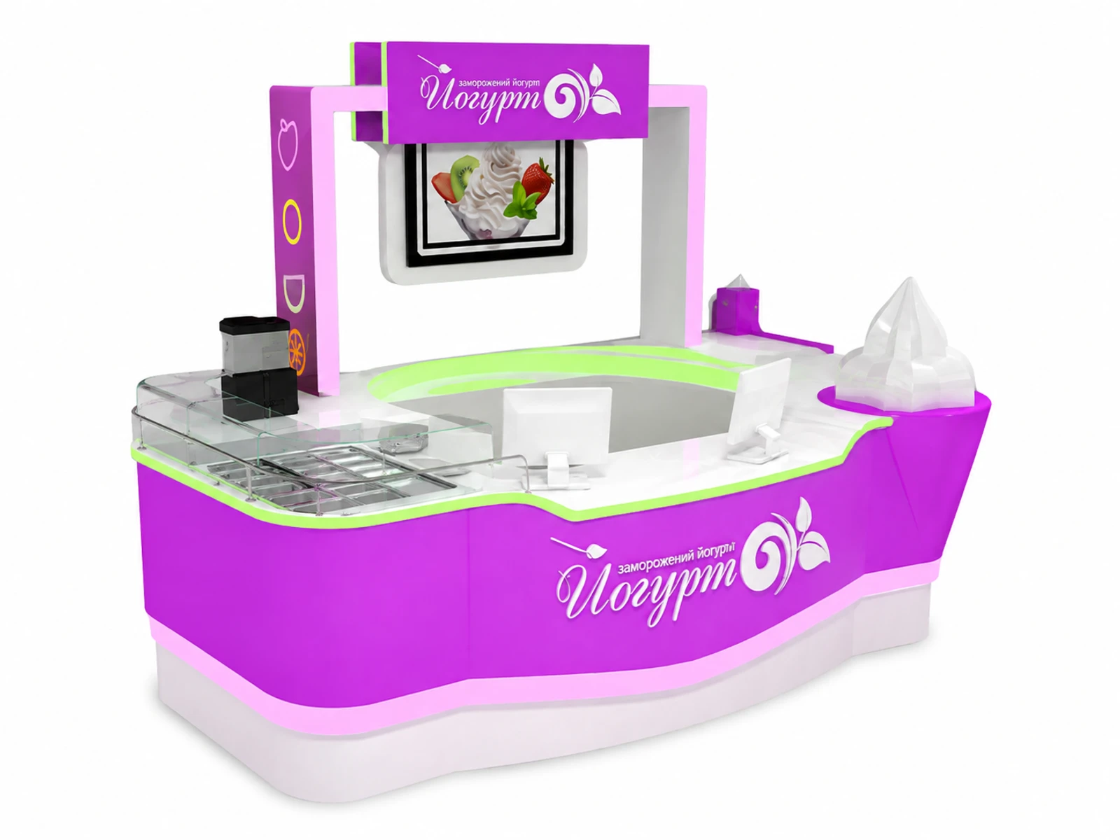 Small colorful ice cream kiosk shopping mall Fried frozen yogurt stall display for sale — alternate counter perspective