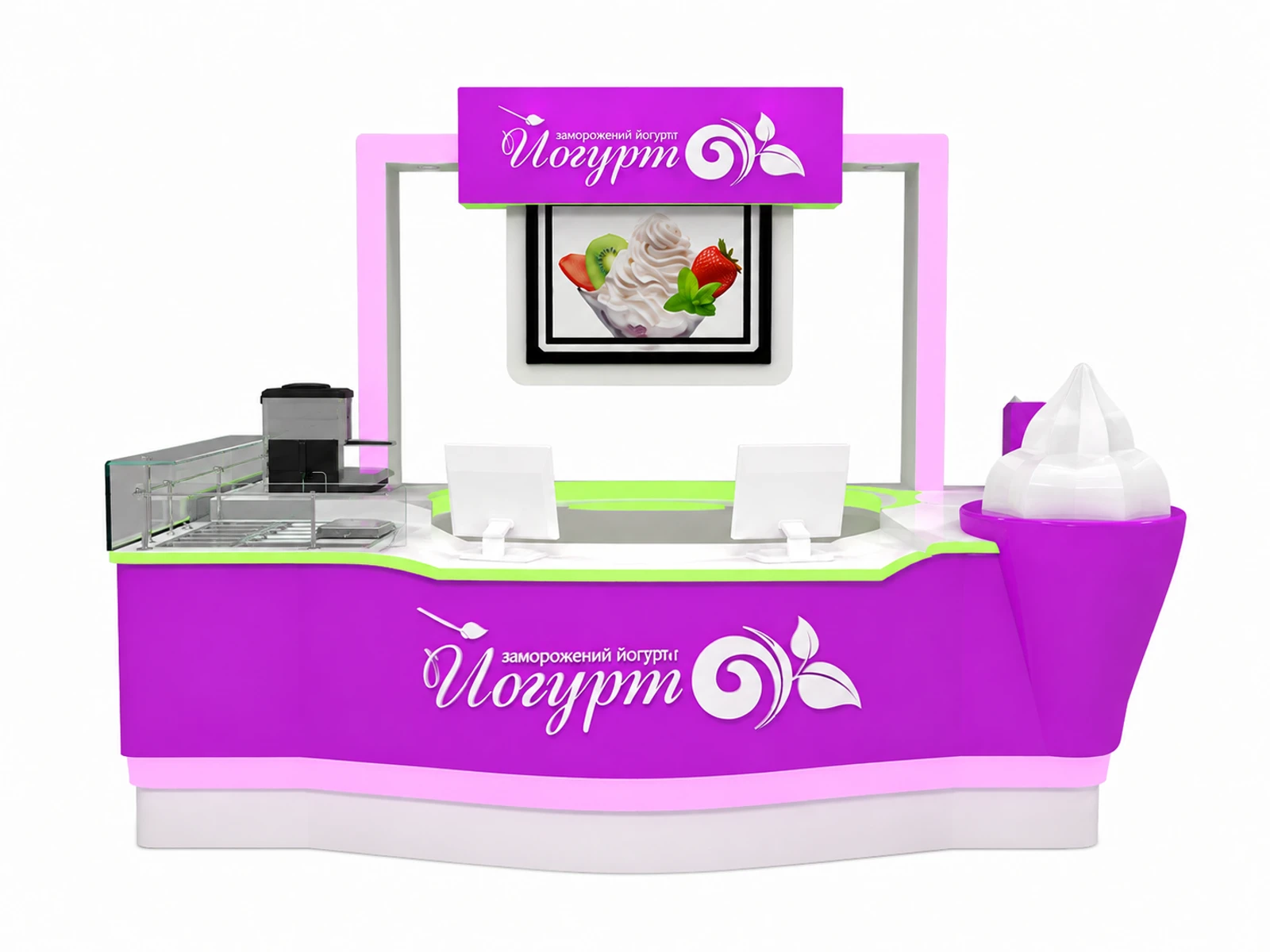 Small colorful ice cream kiosk shopping mall Fried frozen yogurt stall display for sale — additional service-side perspective