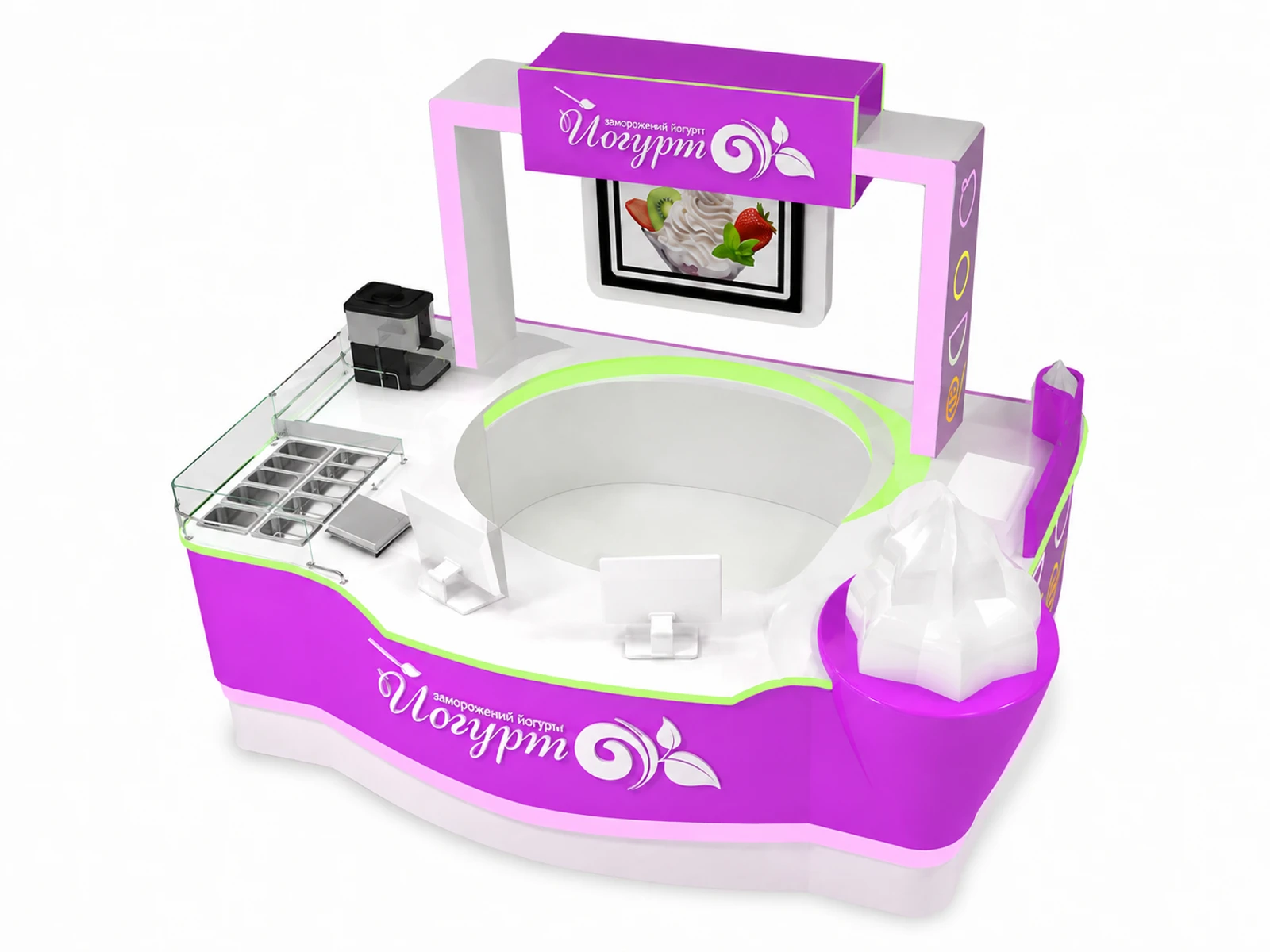 Small colorful ice cream kiosk shopping mall Fried frozen yogurt stall display for sale — elevated layout view