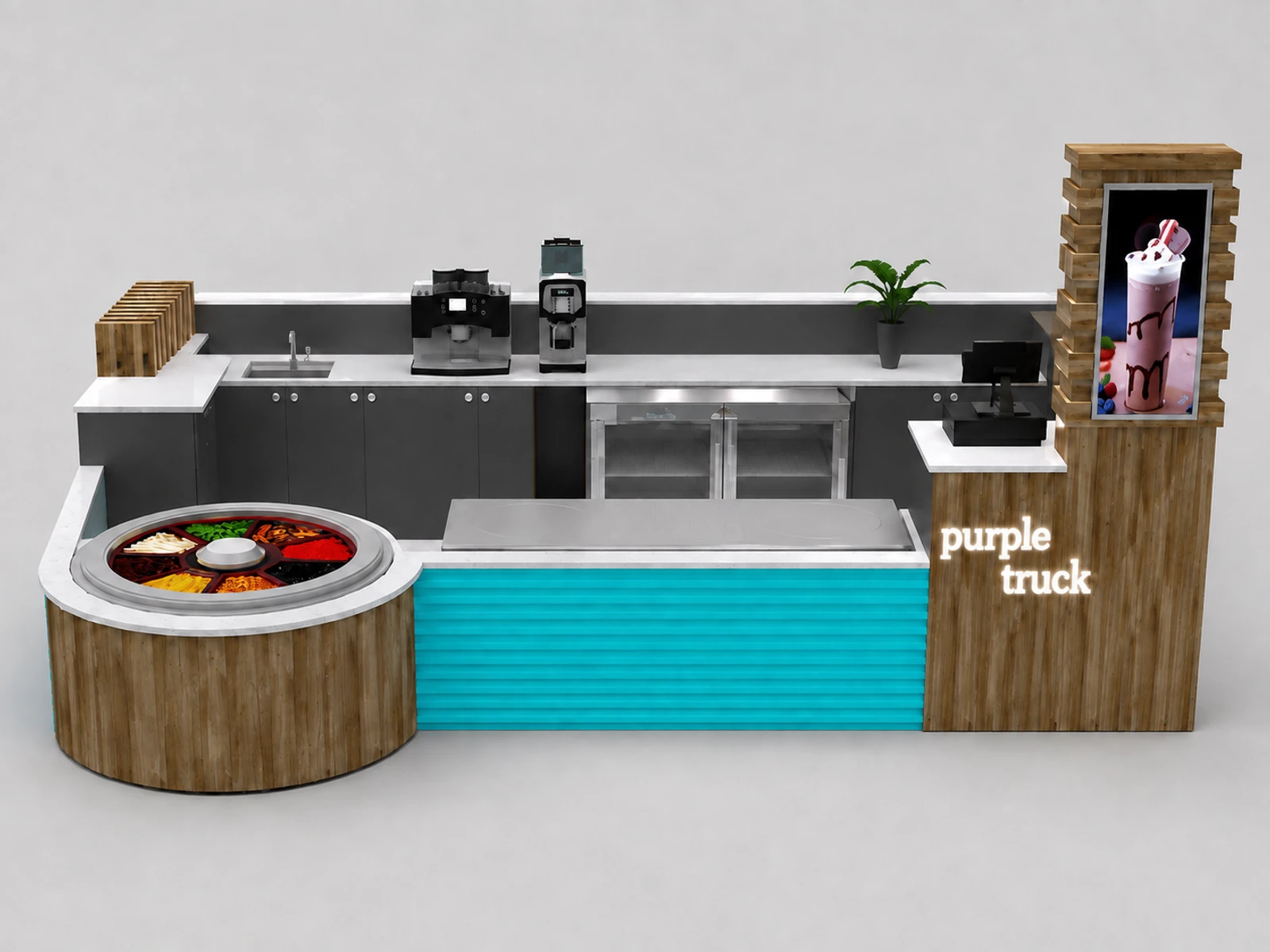 Solid wood ice cream kiosk bubble tea kiosk coffee cafe fast food high end food kiosk — additional service-side perspective