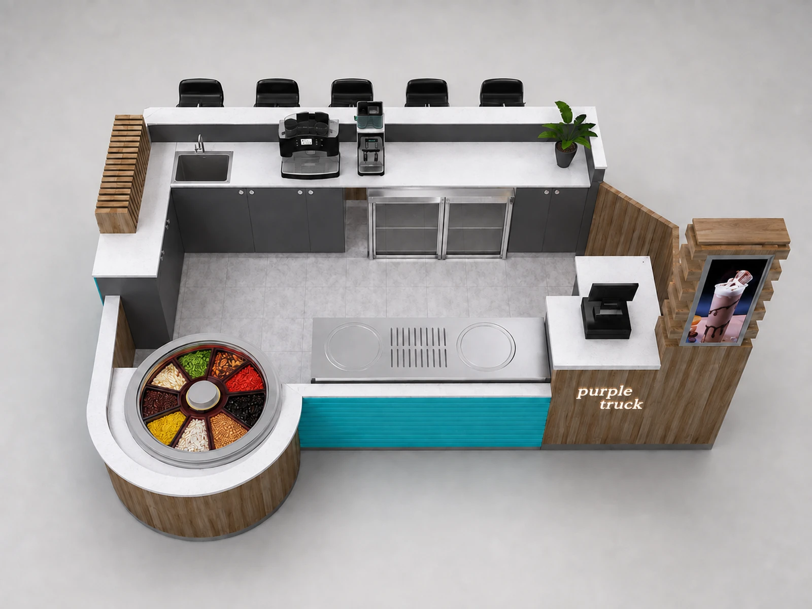 Solid wood ice cream kiosk bubble tea kiosk coffee cafe fast food high end food kiosk — elevated layout view