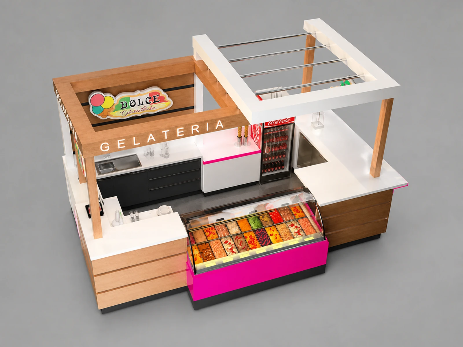 Solid wood ice cream kiosk bubble tea kiosk for sales wooden frozen yogurt kiosk — elevated layout view