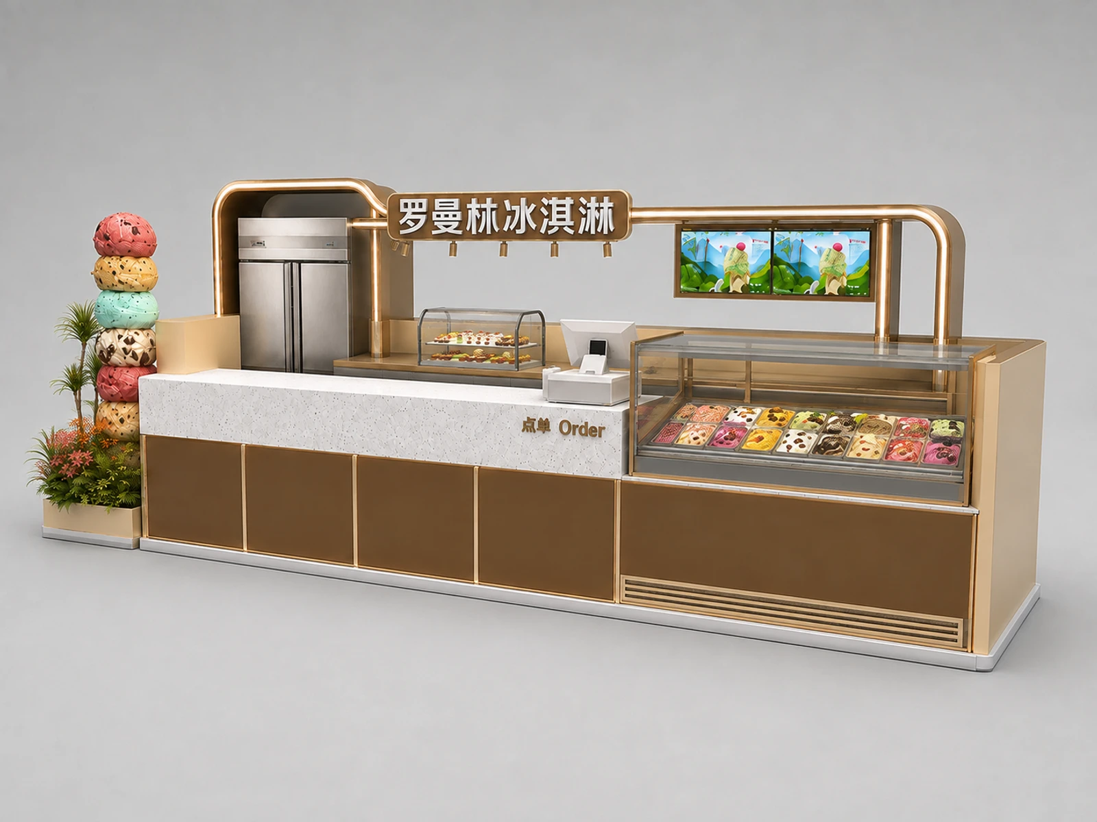 Stylish Curved Gelato Kiosk | High-End Shopping Mall Ice Cream Retail Booth with Photo Backdrop — overall kiosk design