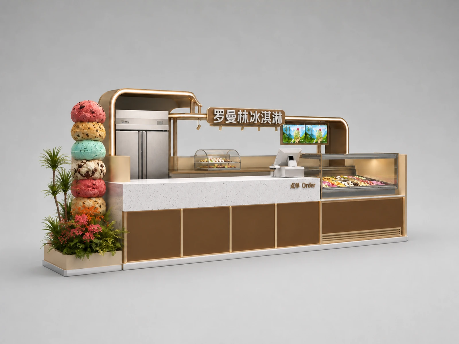 Stylish Curved Gelato Kiosk | High-End Shopping Mall Ice Cream Retail Booth with Photo Backdrop — alternate counter perspective