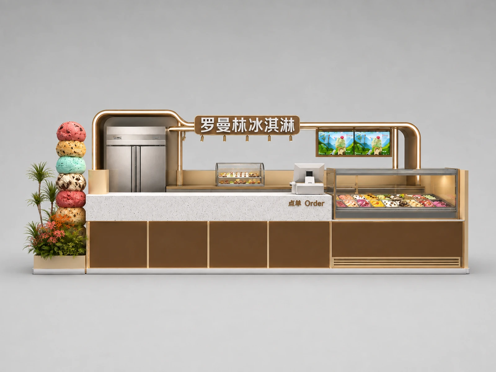 Stylish Curved Gelato Kiosk | High-End Shopping Mall Ice Cream Retail Booth with Photo Backdrop — additional service-side perspective