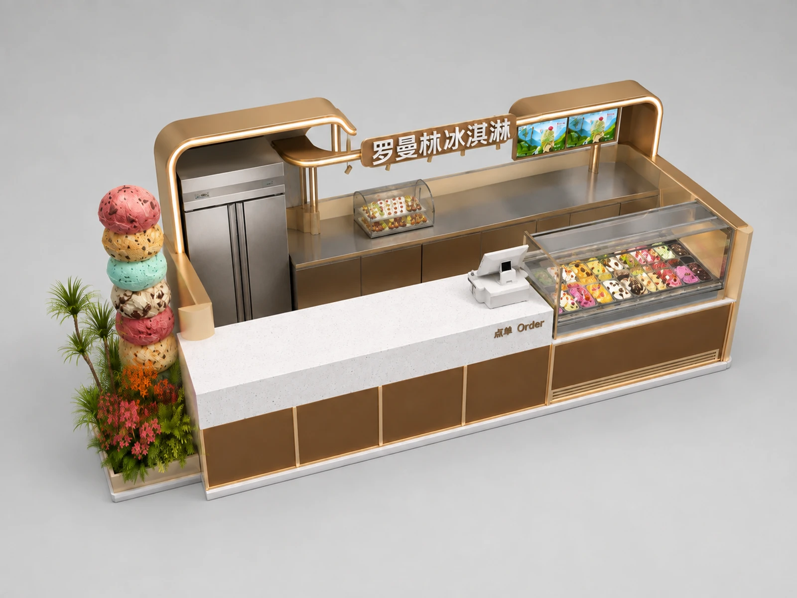 Stylish Curved Gelato Kiosk | High-End Shopping Mall Ice Cream Retail Booth with Photo Backdrop — elevated layout view
