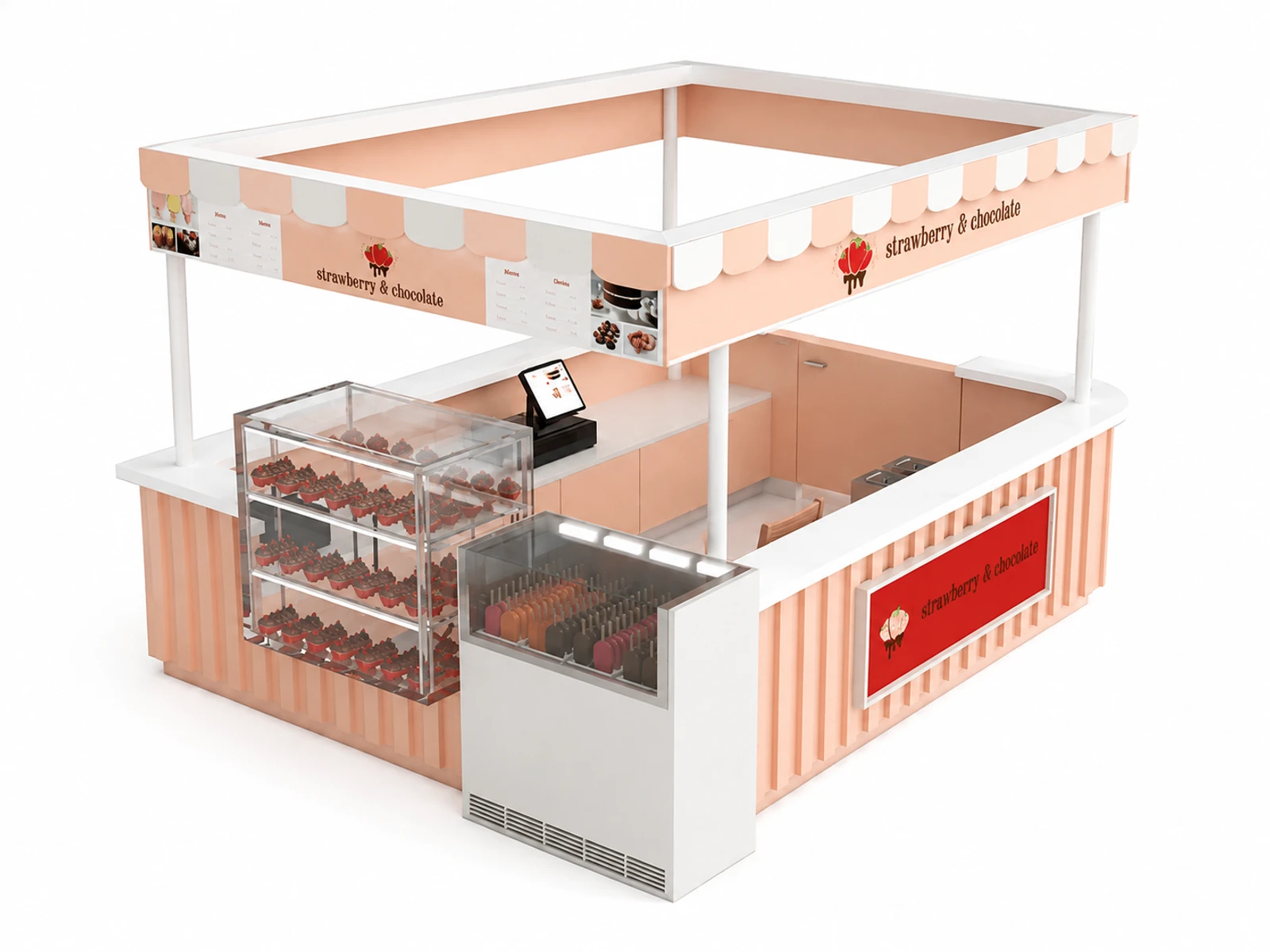 Sweet strawberry chocolate kiosks are designed for food display in shopping malls ice cream booth for sale — overall kiosk design