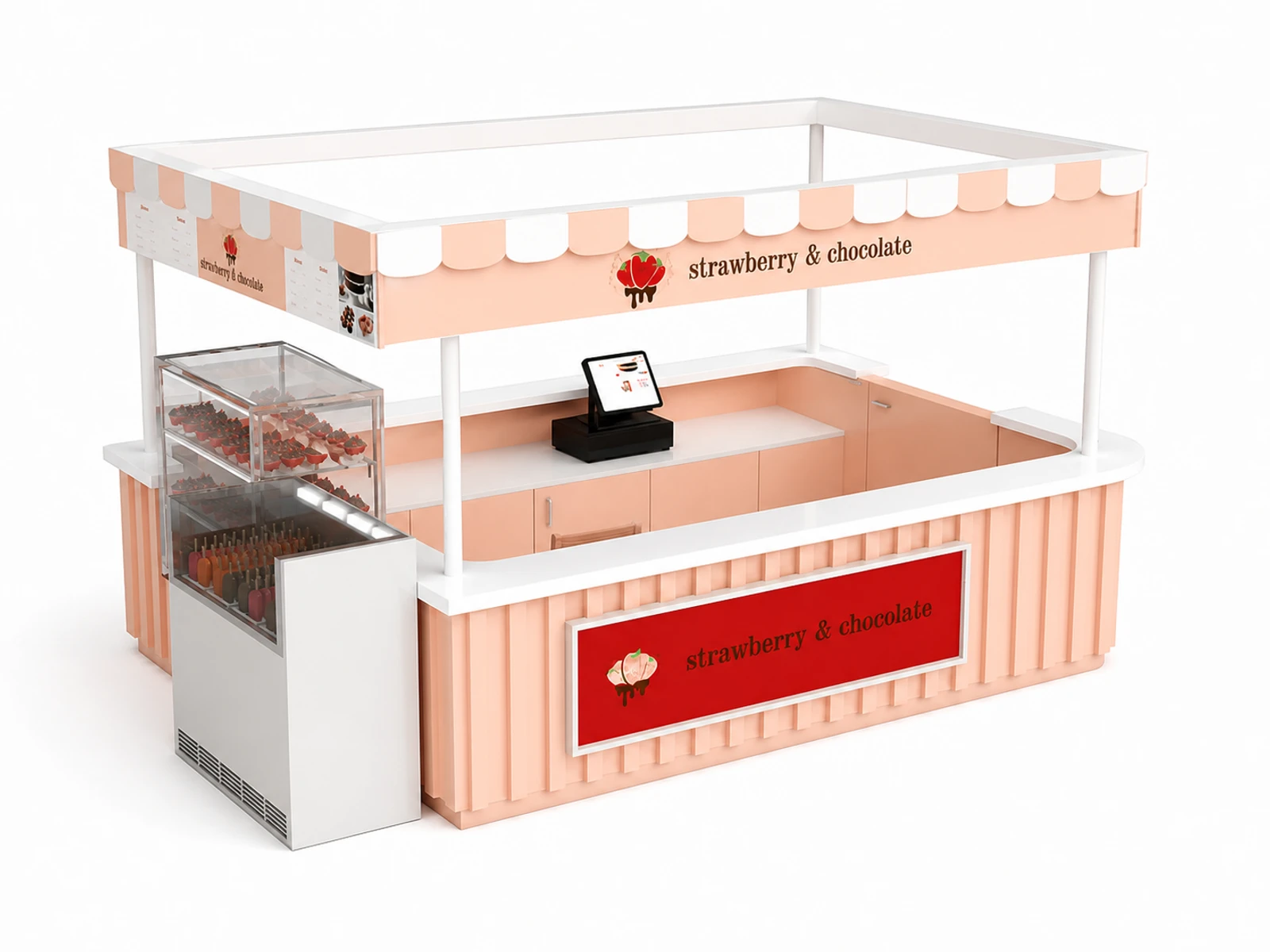 Sweet strawberry chocolate kiosks are designed for food display in shopping malls ice cream booth for sale — alternate counter perspective