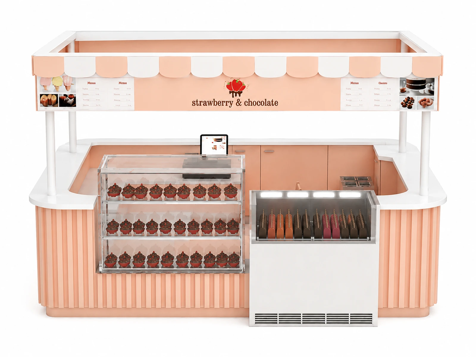 Sweet strawberry chocolate kiosks are designed for food display in shopping malls ice cream booth for sale — additional service-side perspective