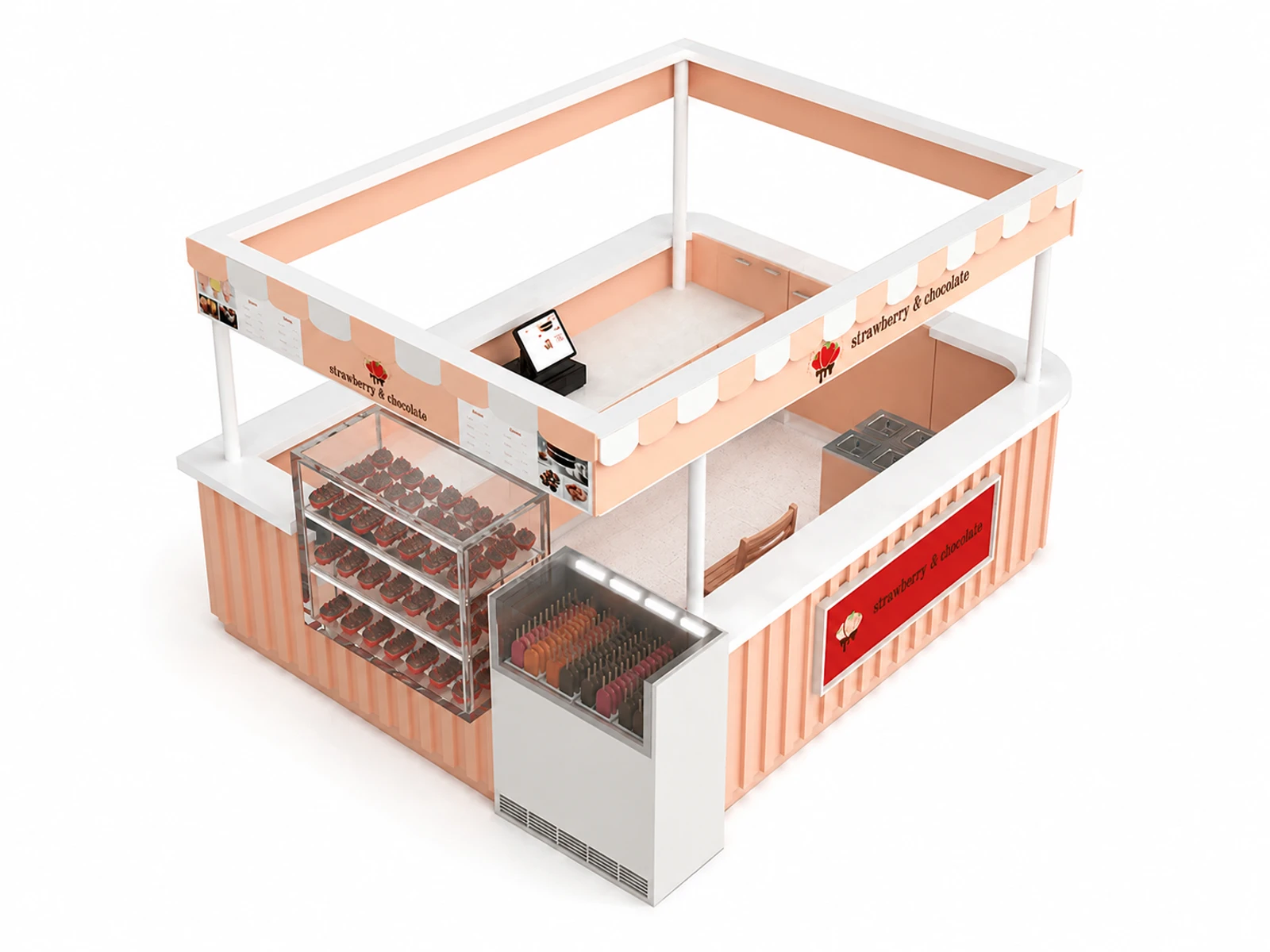 Sweet strawberry chocolate kiosks are designed for food display in shopping malls ice cream booth for sale — elevated layout view