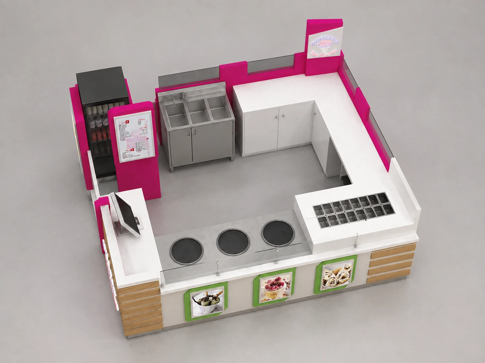 USA 12x10ft Ice Cream Mall Food Retail Kiosk On Sale — elevated layout view