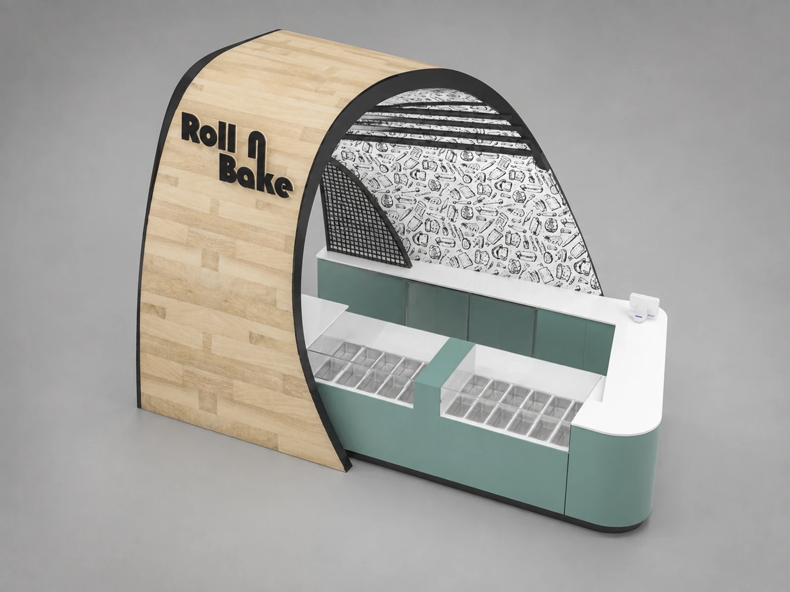 Wholesale Rolling Ice Cream Kiosk Mall Kiosk 3D Design for Sale — elevated layout view