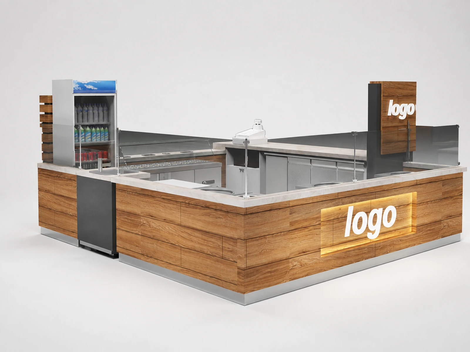 Wood ice cream showcase | snack crepe display kiosk — overall kiosk design