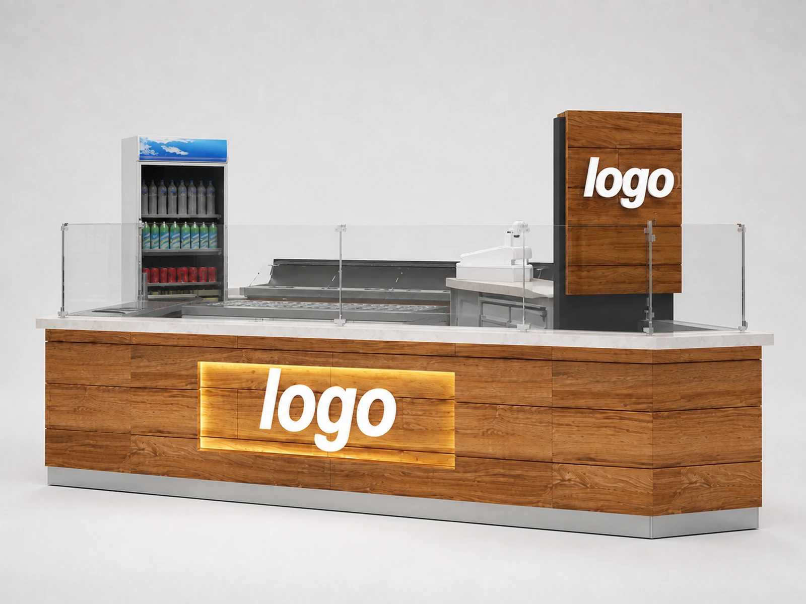 Wood ice cream showcase | snack crepe display kiosk — alternate counter perspective