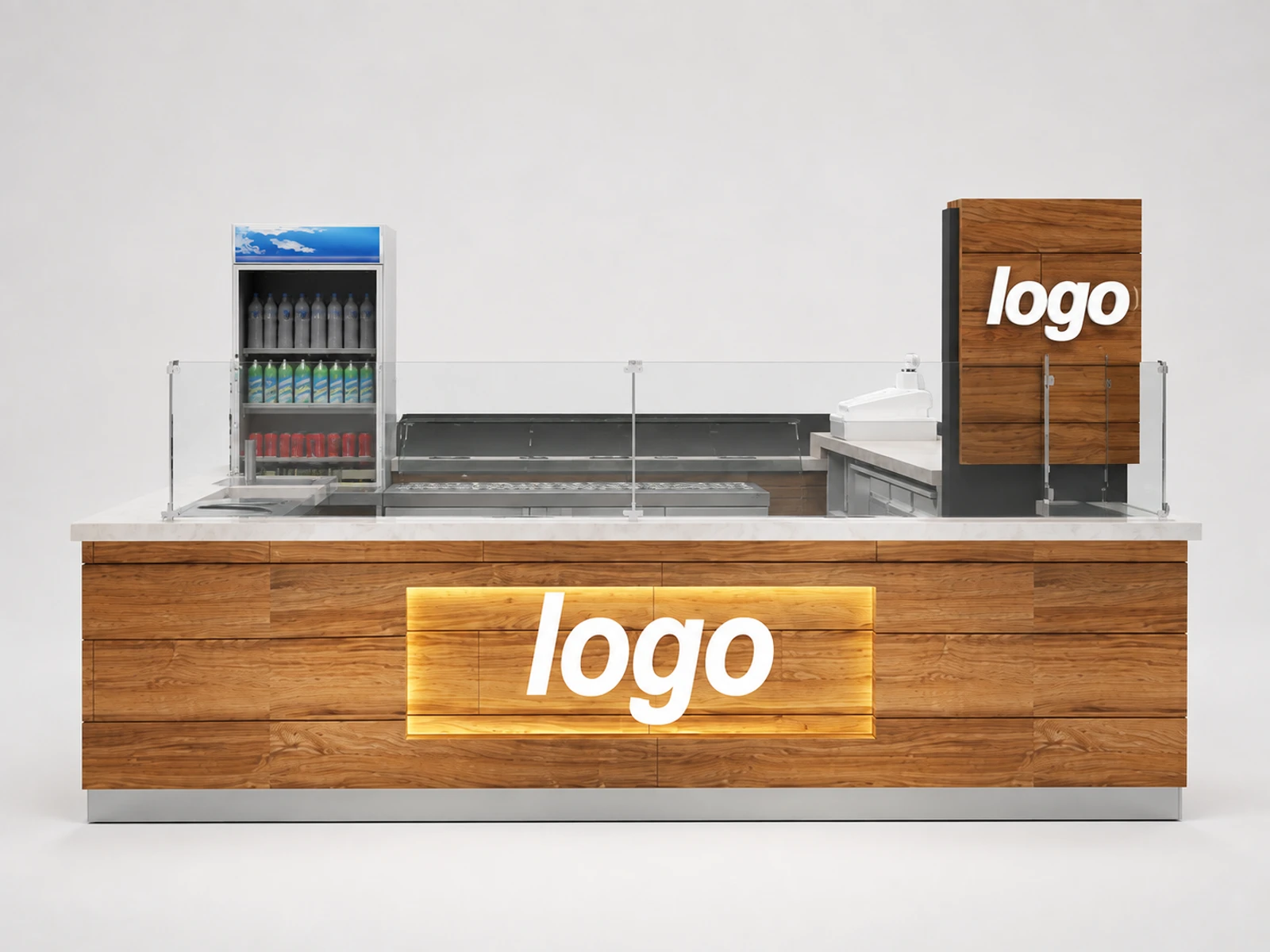 Wood ice cream showcase | snack crepe display kiosk — additional service-side perspective