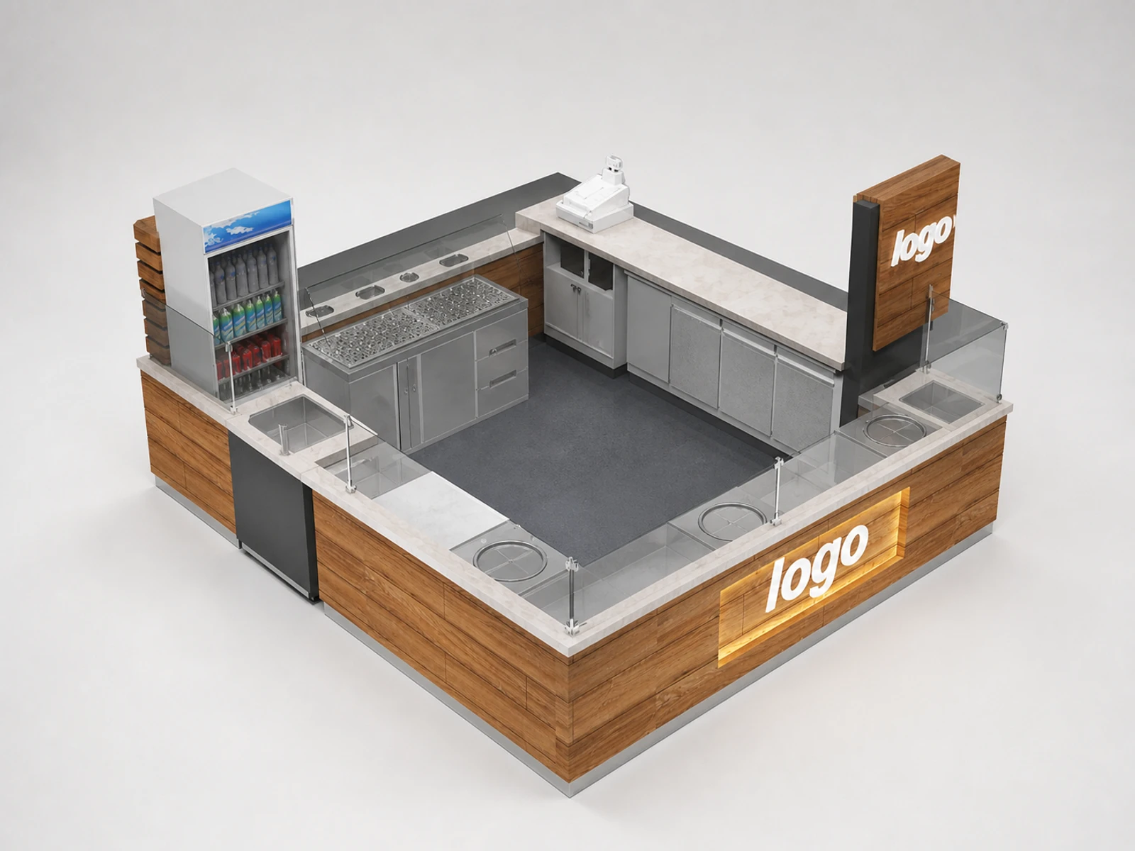 Wood ice cream showcase | snack crepe display kiosk — elevated layout view
