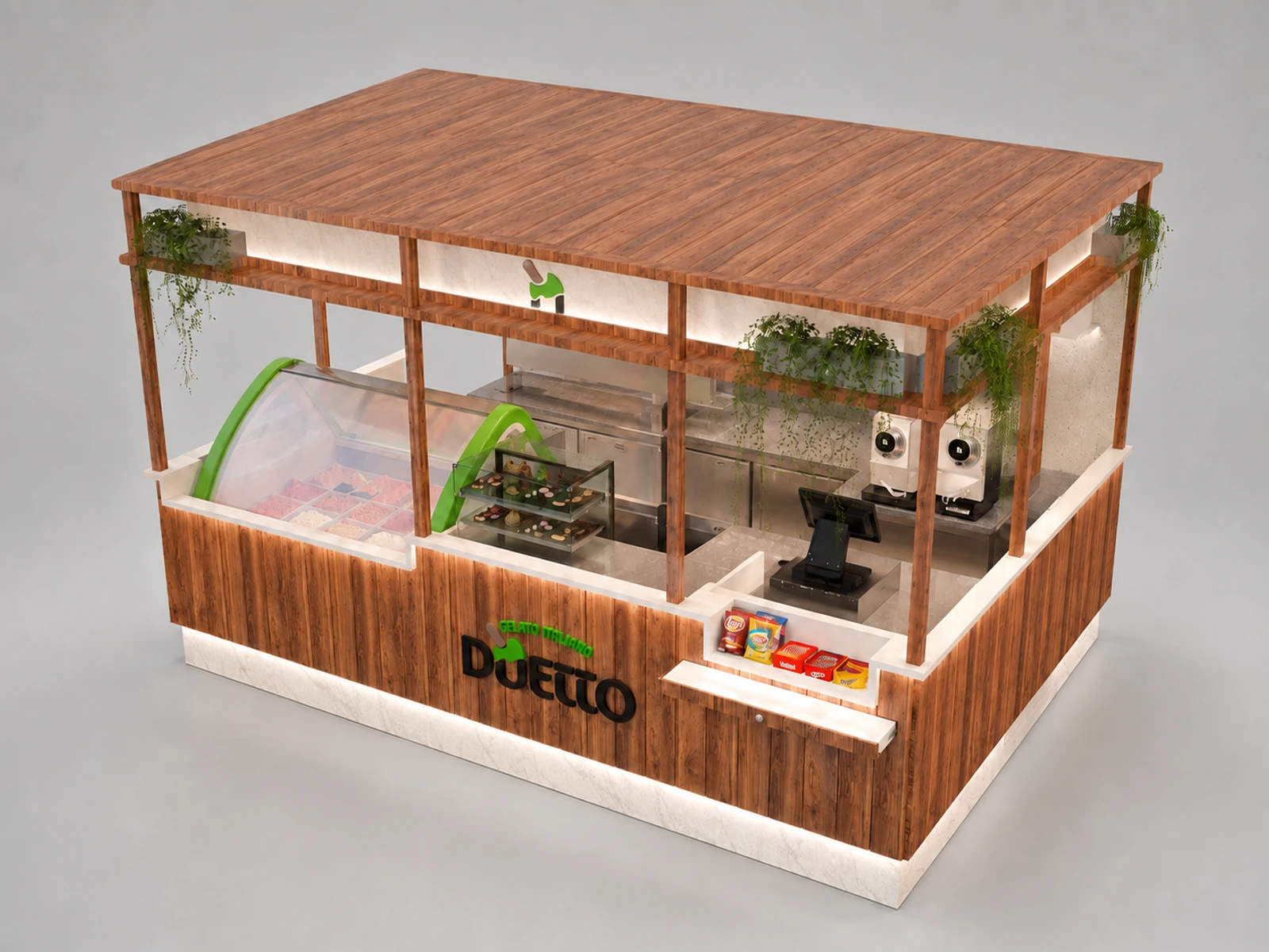 Wooden Ice Cream Booth Custom Ice Cream Booth Design Retail Ice Cream Bar — elevated layout view