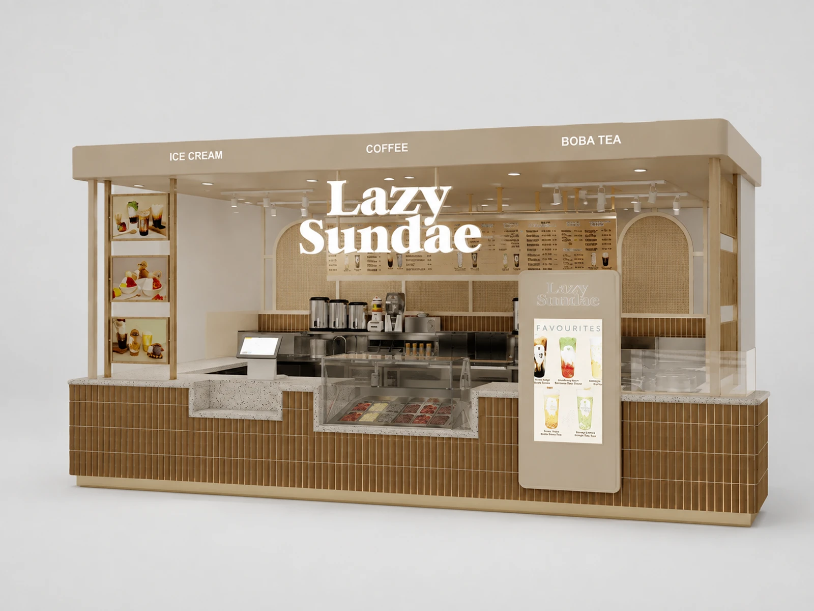 Wooden ice cream kiosk design custom coffee counter for boba tea booth with top in shopping mall — overall kiosk design