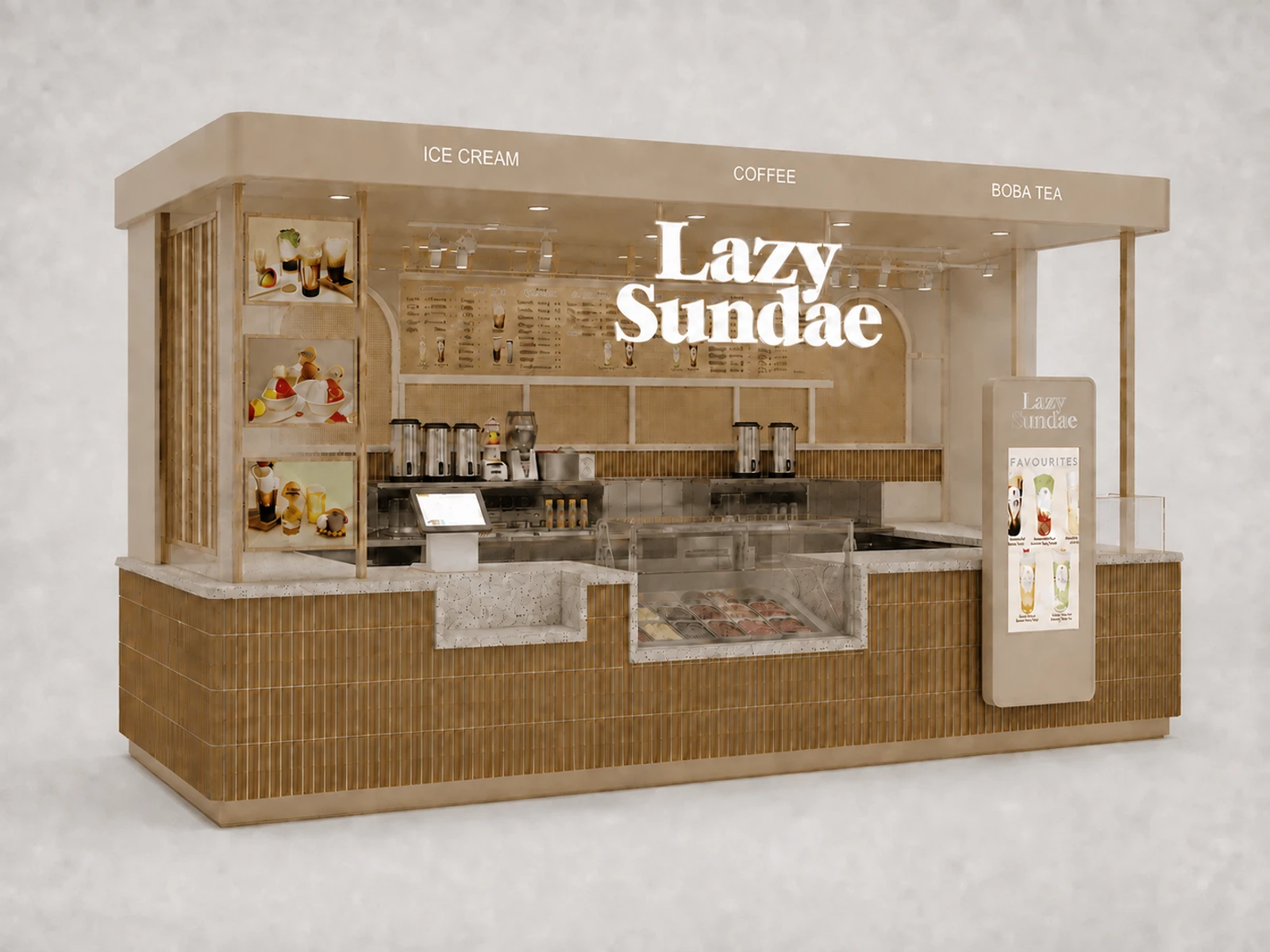 Wooden ice cream kiosk design custom coffee counter for boba tea booth with top in shopping mall — alternate counter perspective