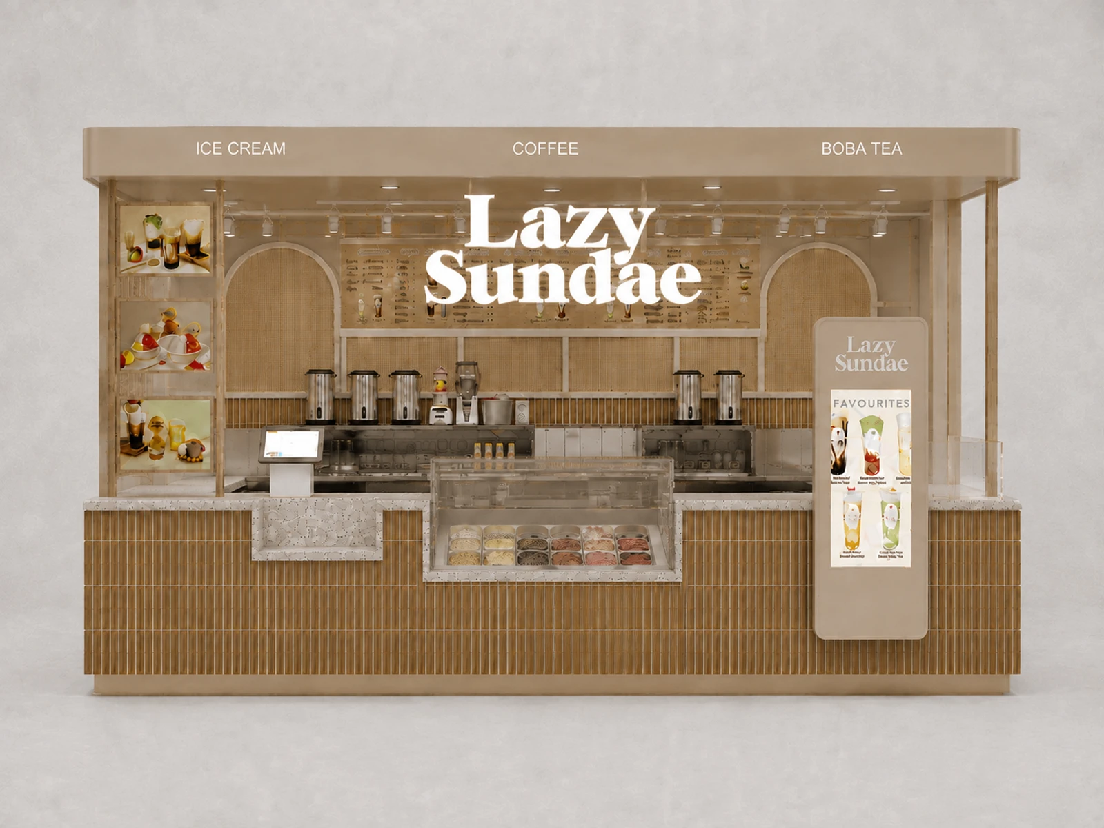 Wooden ice cream kiosk design custom coffee counter for boba tea booth with top in shopping mall — additional service-side perspective