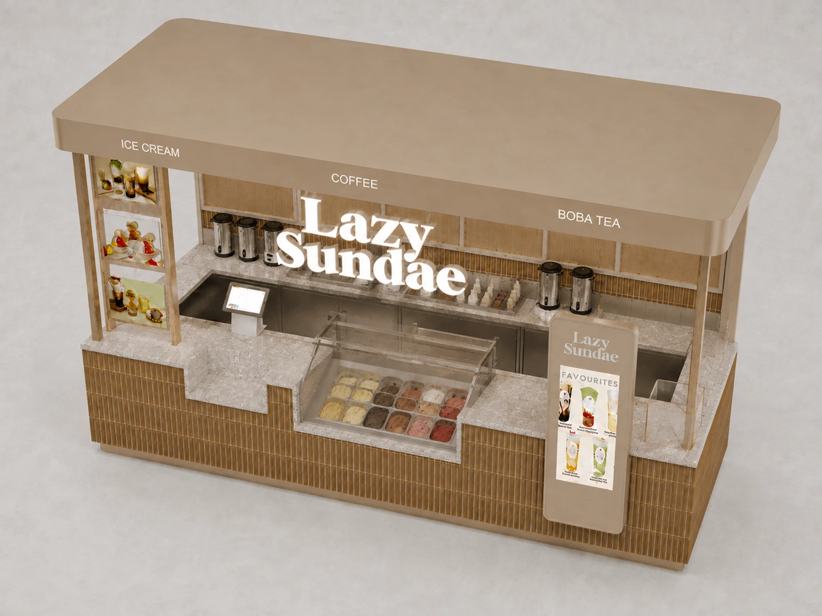 Wooden ice cream kiosk design custom coffee counter for boba tea booth with top in shopping mall — elevated layout view