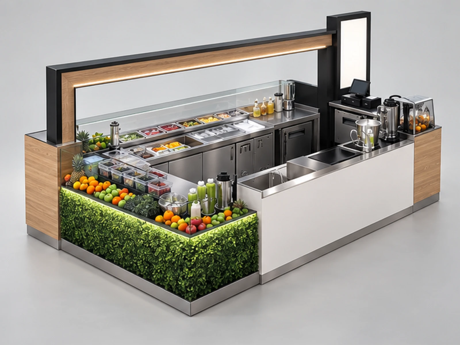 15ft by 10ft high-end juice bar kiosk mall coffee bar share with you main three-quarter view