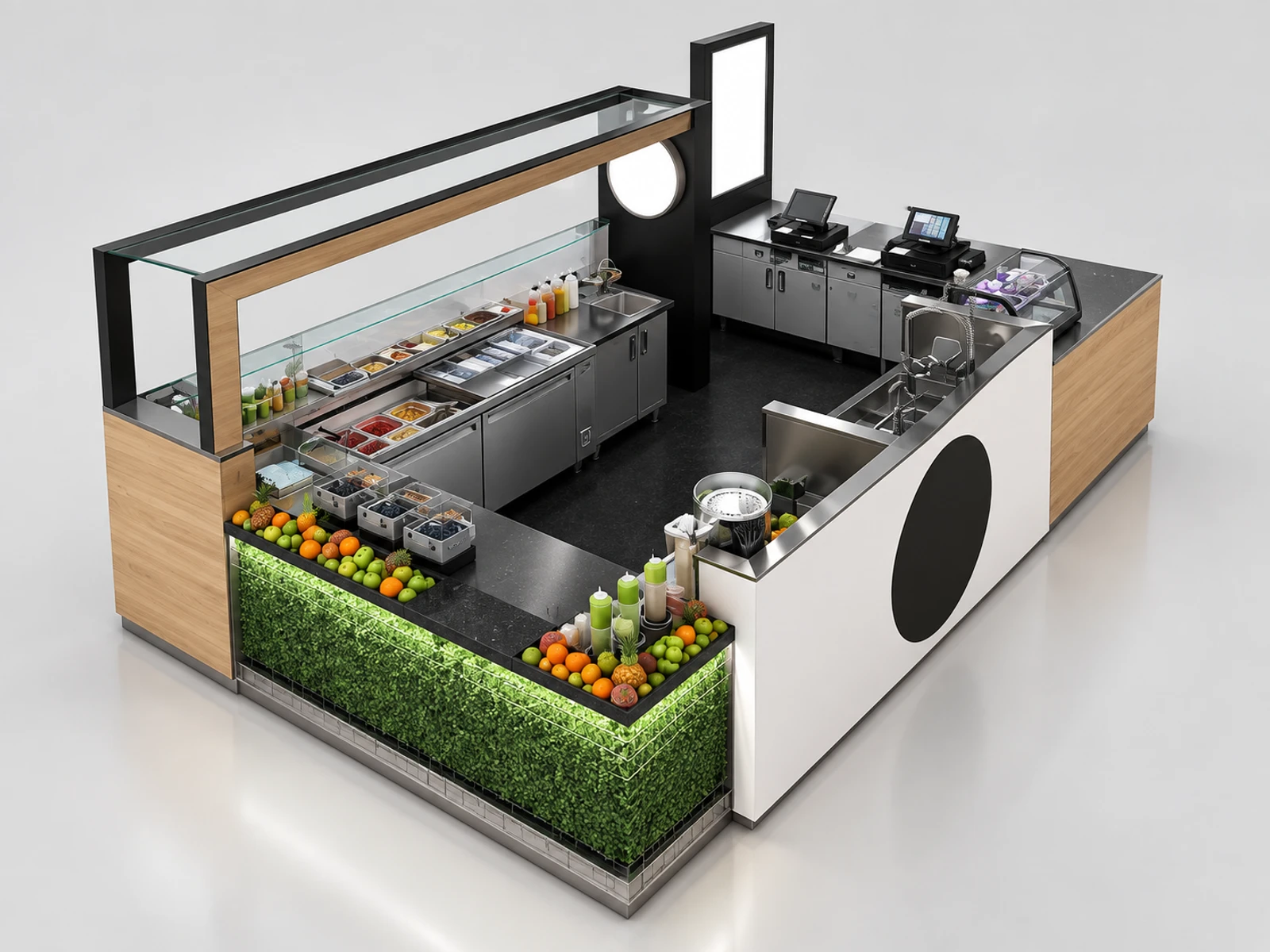 15ft by 10ft high-end juice bar kiosk mall coffee bar share with you opposite angle and overall footprint