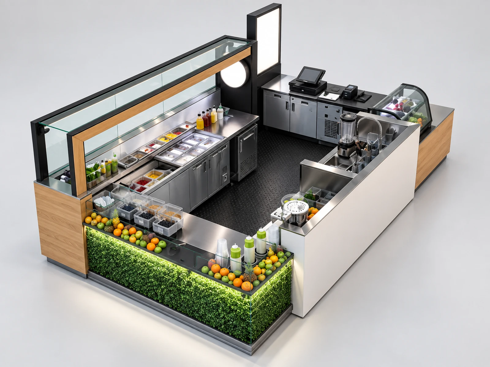 15ft by 10ft high-end juice bar kiosk mall coffee bar share with you staff-side equipment and storage view