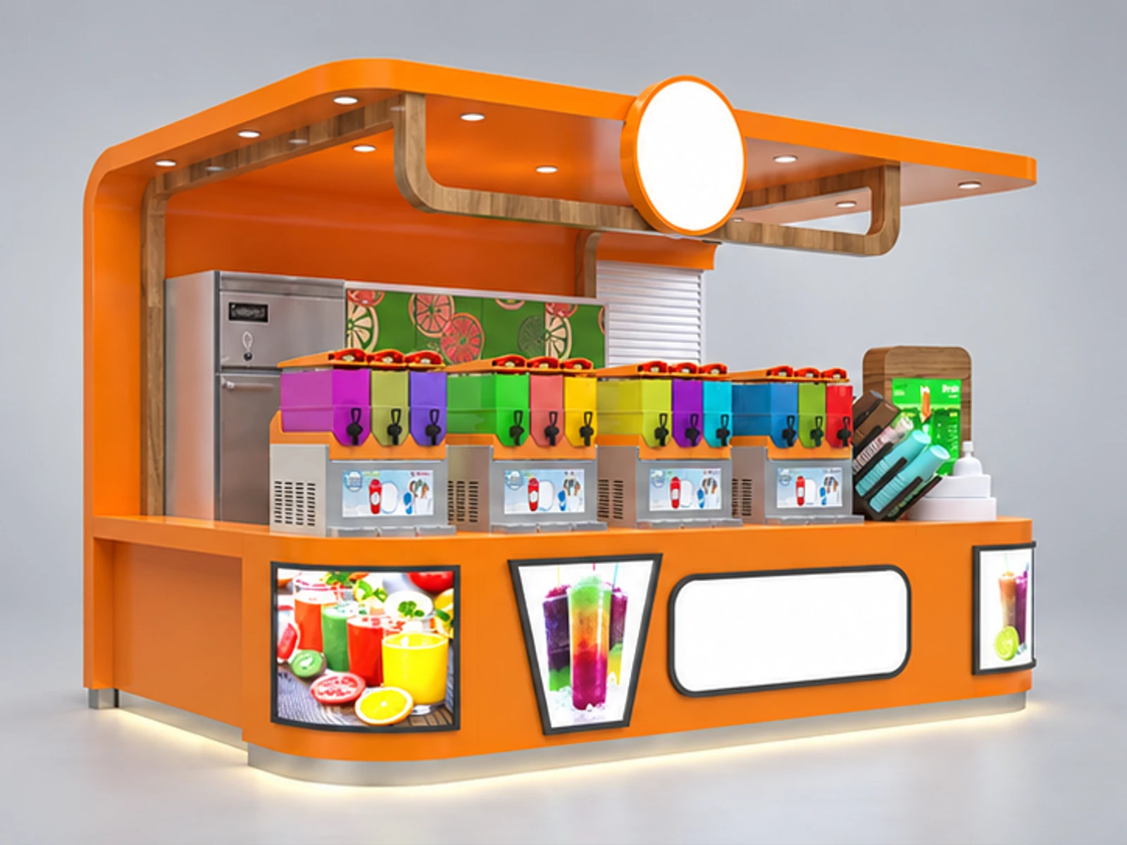 4m by 2.5m orange juice bar kiosk fresh juice bar counter design ideas main three-quarter view