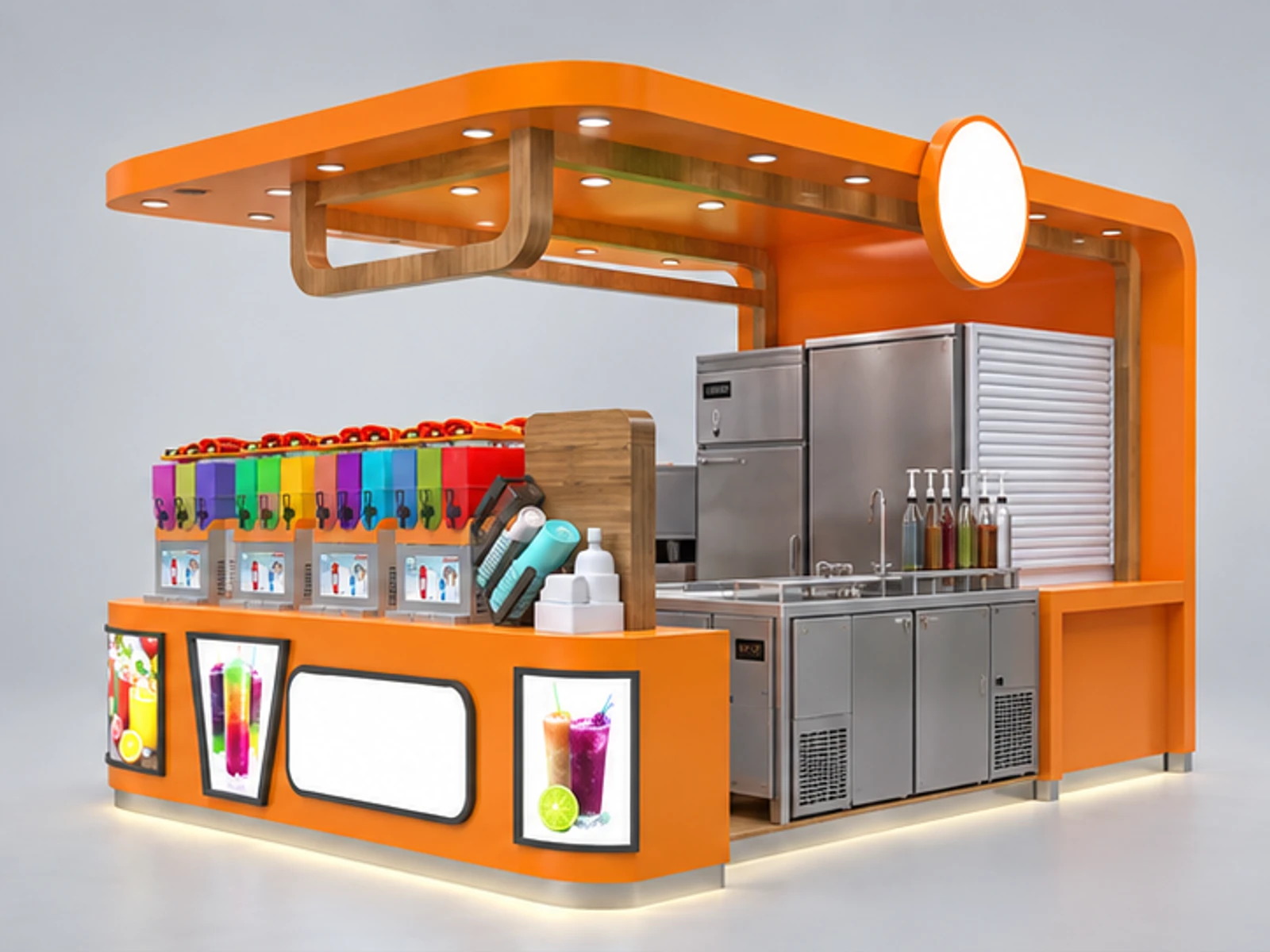 4m by 2.5m orange juice bar kiosk fresh juice bar counter design ideas opposite angle and overall footprint