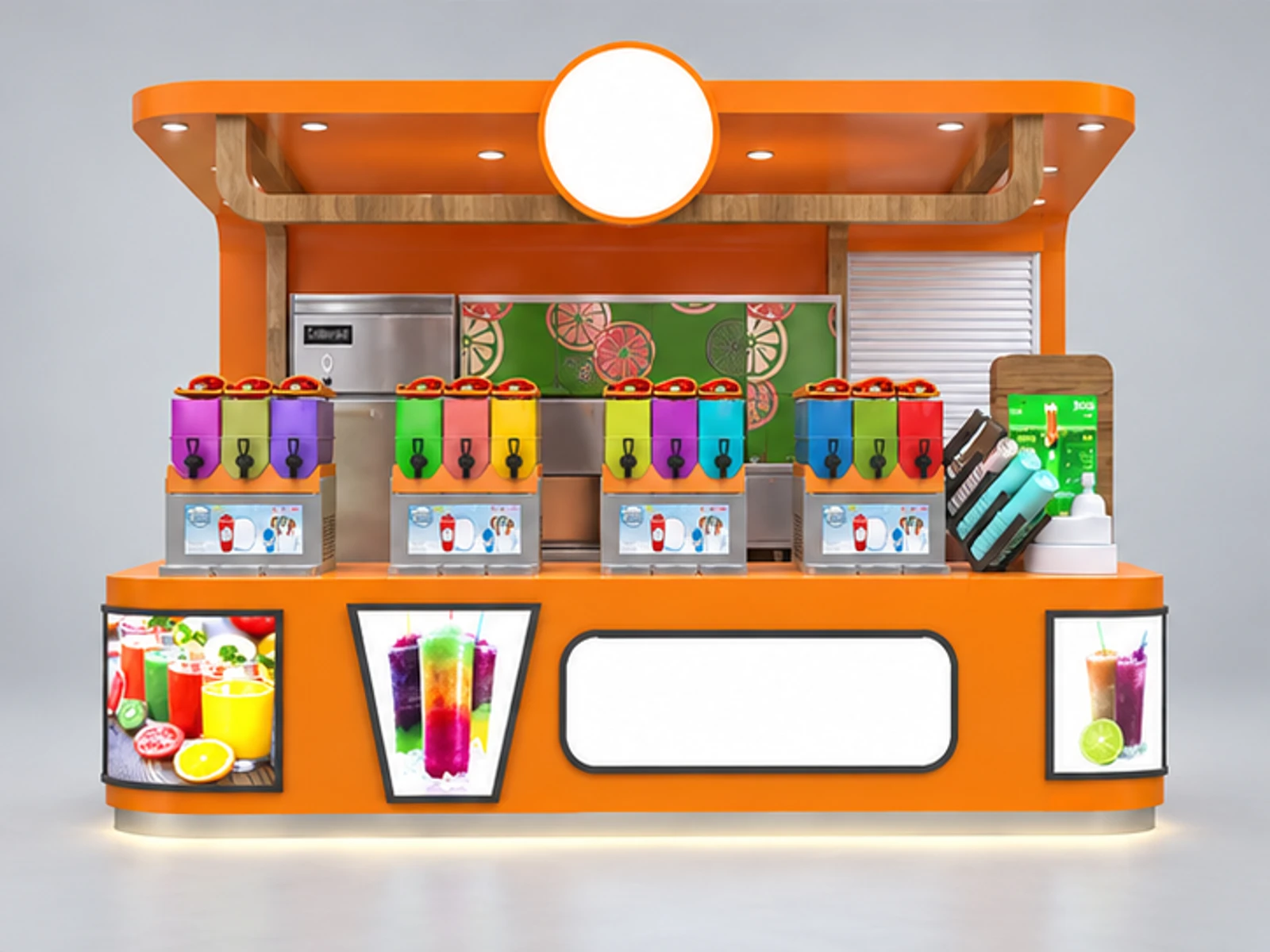 4m by 2.5m orange juice bar kiosk fresh juice bar counter design ideas customer-facing service and display view