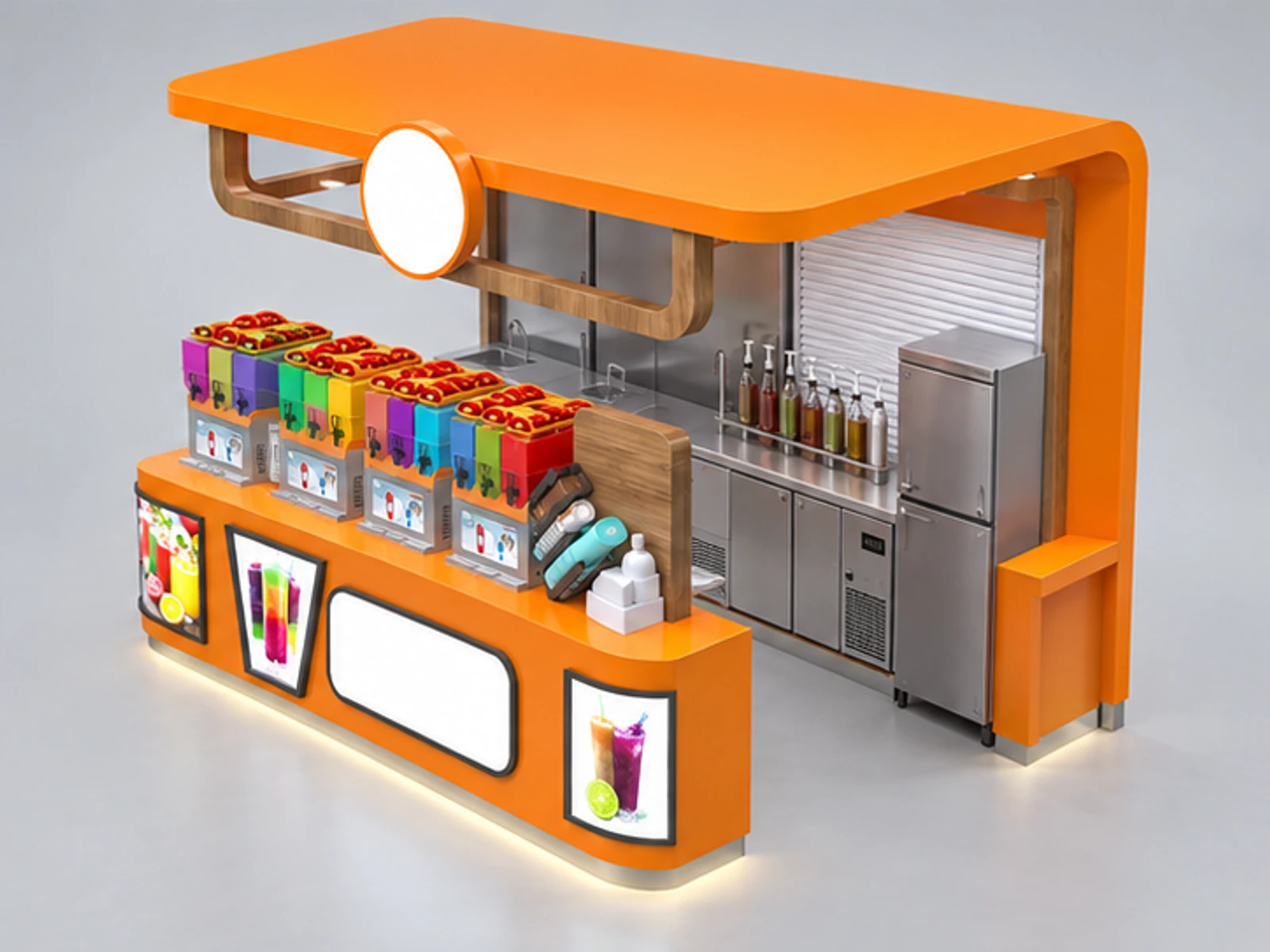 4m by 2.5m orange juice bar kiosk fresh juice bar counter design ideas staff-side equipment and storage view