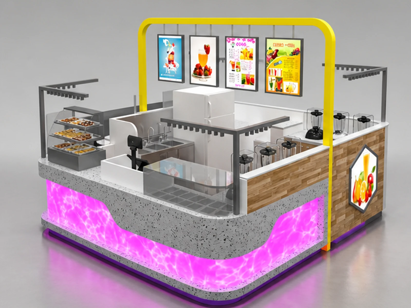 Translucent stone Juice Kiosk Design fresh fruit juice tea kiosk in mall with changeable LED main three-quarter view