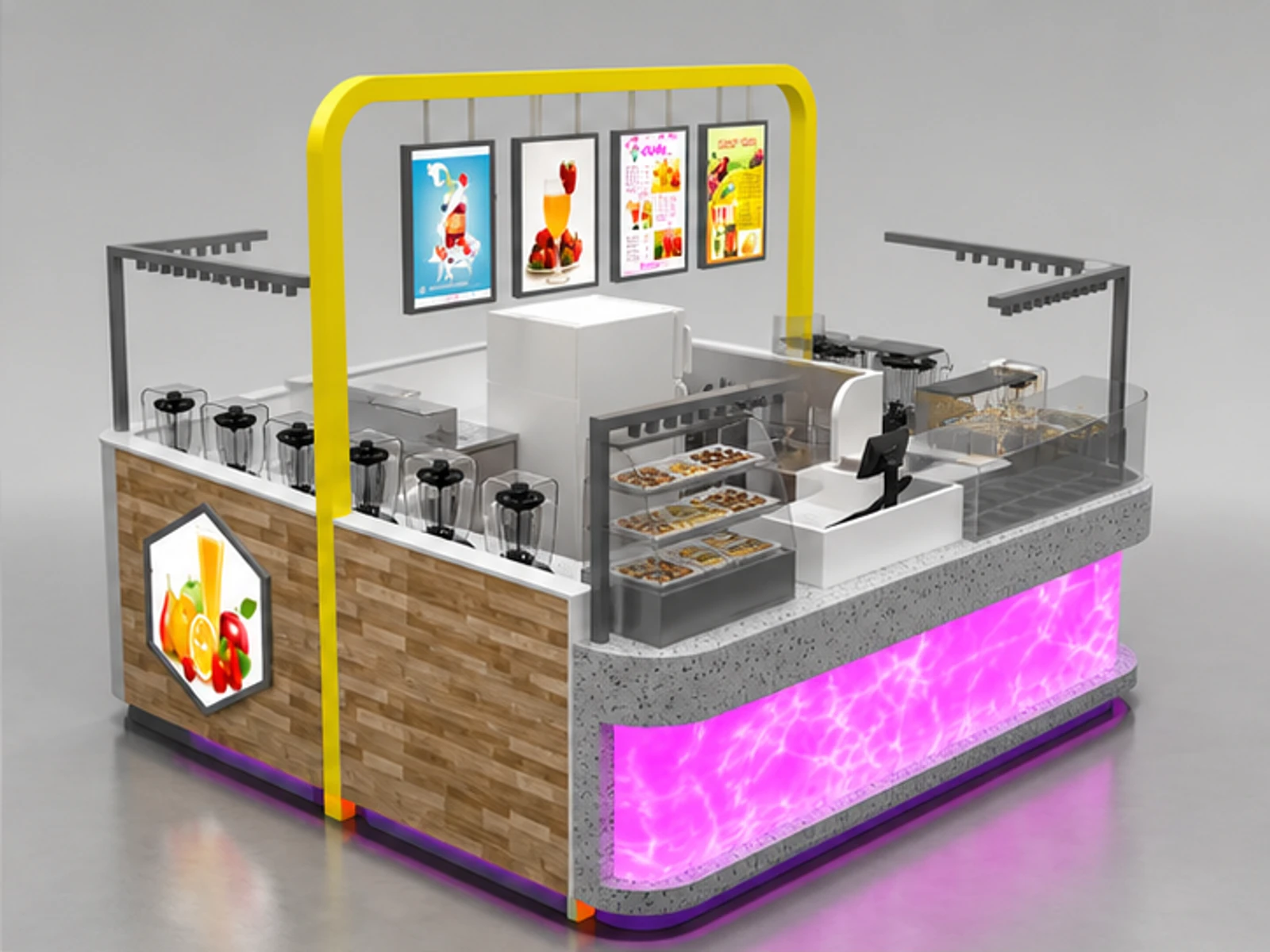 Translucent stone Juice Kiosk Design fresh fruit juice tea kiosk in mall with changeable LED opposite angle and overall footprint