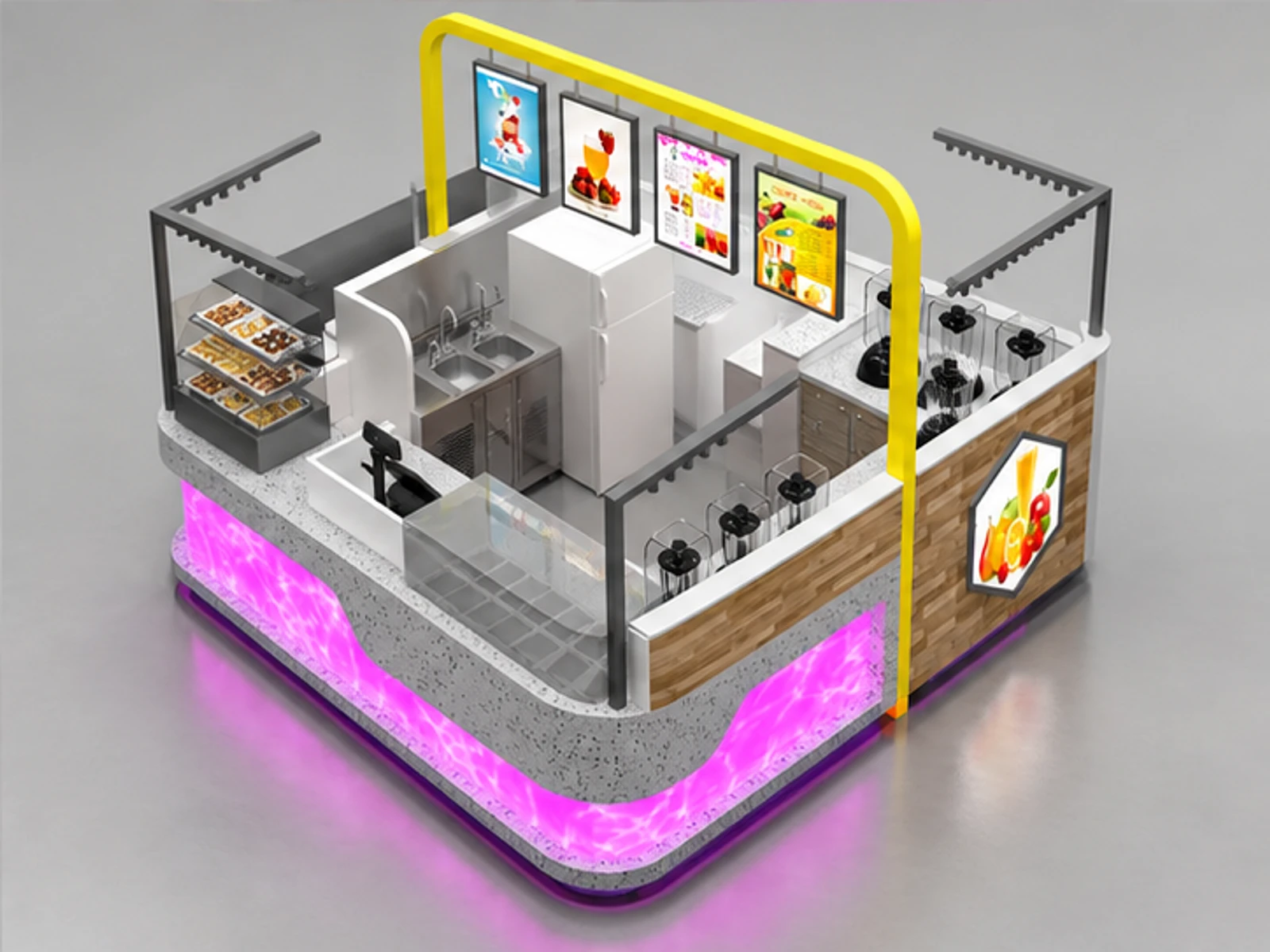 Translucent stone Juice Kiosk Design fresh fruit juice tea kiosk in mall with changeable LED staff-side equipment and storage view