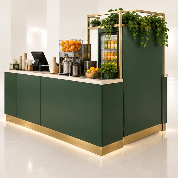 Citrus Juice Kiosk with Front Produce Display opposite angle showing its complete footprint and display layout