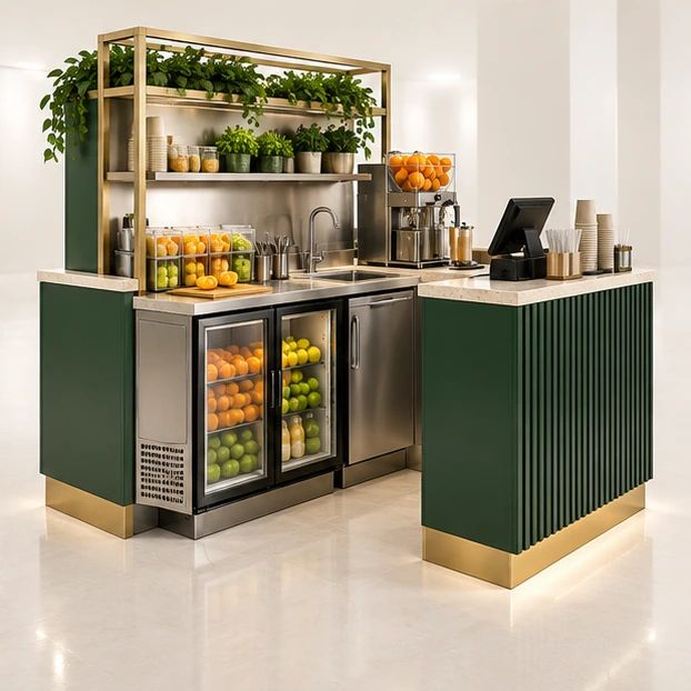 Citrus Juice Kiosk with Front Produce Display operator-side equipment, access, and storage view