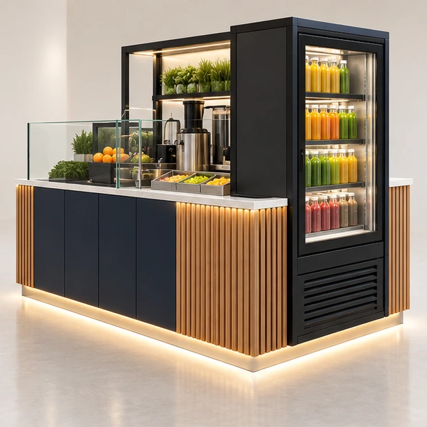 Cold-Pressed Juice Kiosk with Bottle Display opposite angle showing its complete footprint and display layout